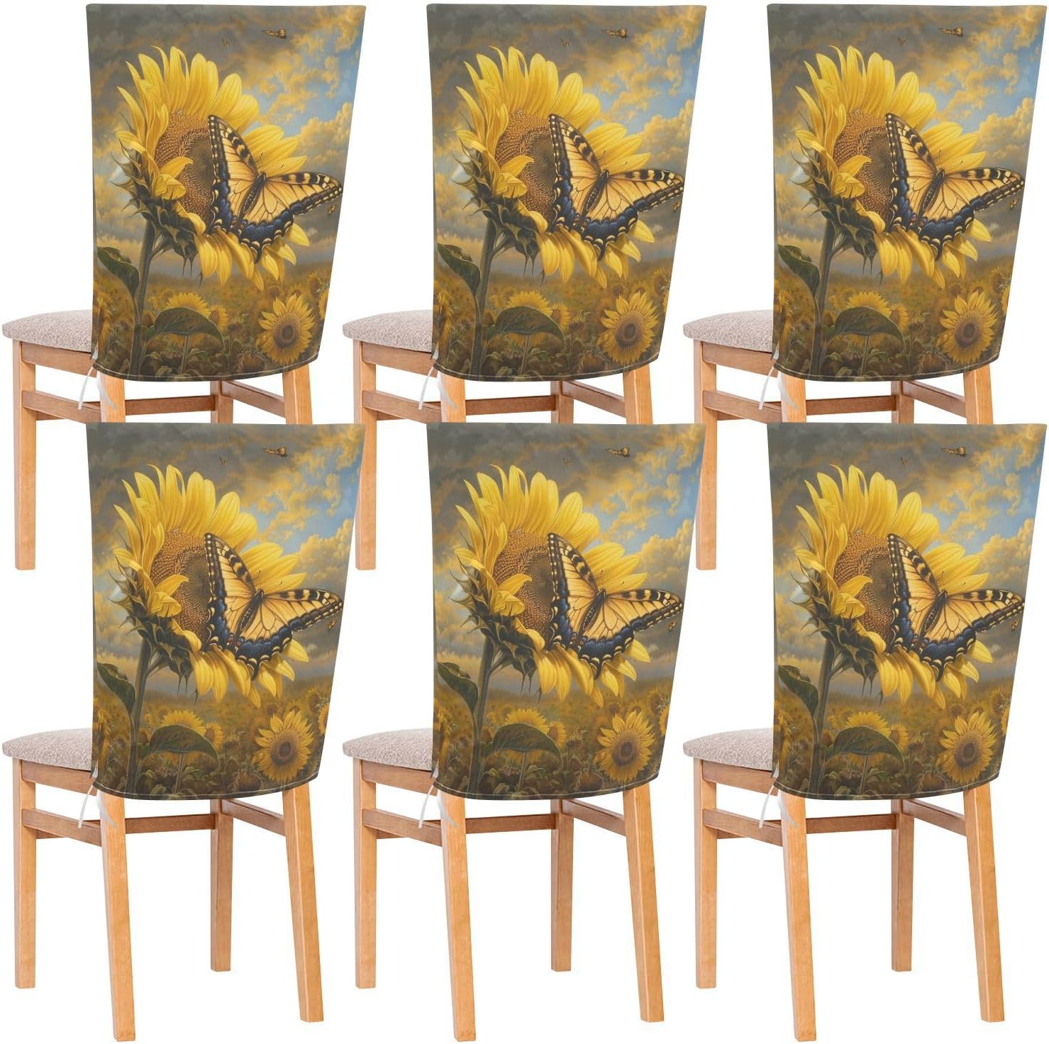ALAZA Butterfly on The Sunflower Field Chair Back Cover Set of 6, Washable Reusable Removable Chair Slipcovers Decorative Chair Cover for Home Kitchen Wedding Party