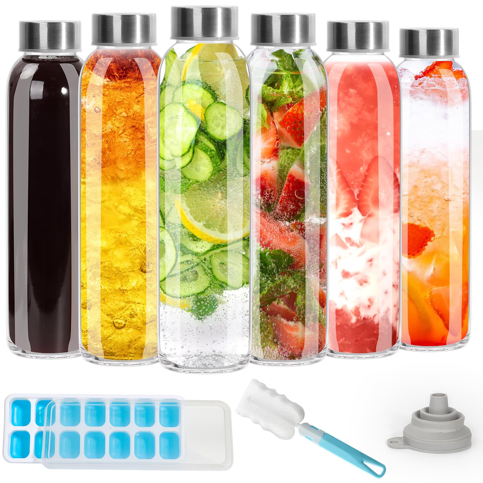 Botellas de agua de vidrio de 500 ml con tapas de metal, paquete de 6 botellas de jugo transparentes vacías con cepillo de limpieza para agua, kombucha, vino, elaboración de cerveza, batidos,