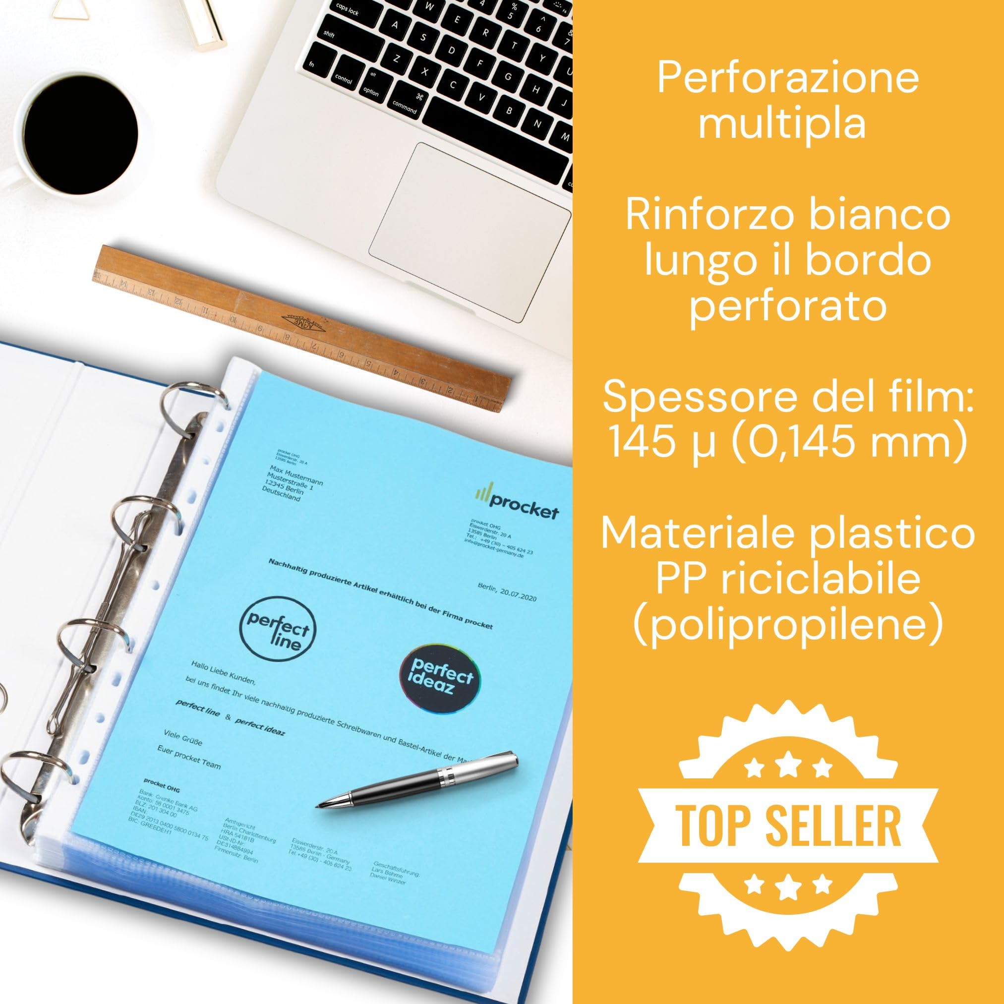 perfect line - 100 buste portadocumenti DIN A4 – extra resistenti, trasparenti, trasparenti – qualità premium per ufficio, scuola, casa – senza acidi