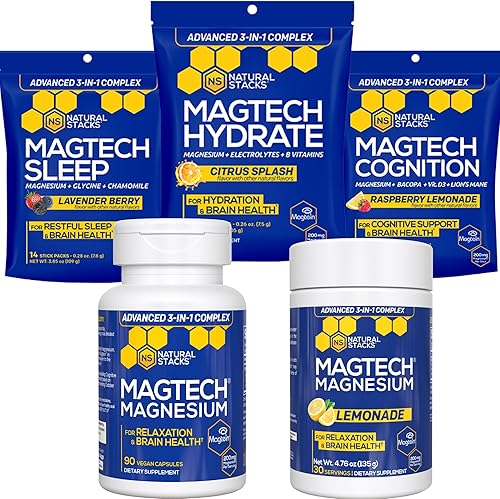 Magtech Magnesium Bundle - 3 formas de magnesio quelatado - Apoya la salud del cerebro, el sueño, la cognición y la hidratación - Cápsulas y polvo