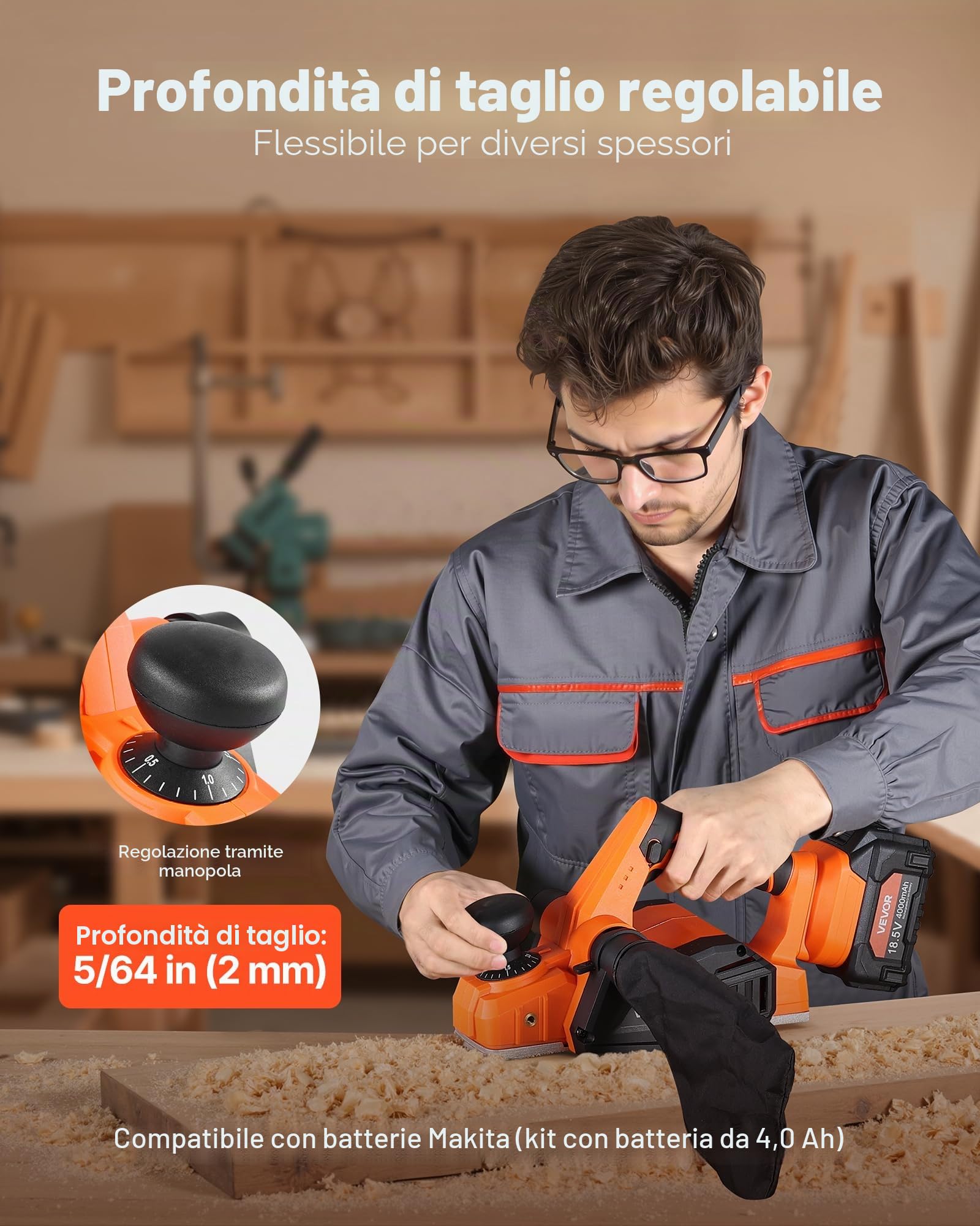 VEVOR Pialla a Mano Universale Regolabile Larghezza di Taglio 82 mm Pialla Elettrica Manuale per Legno da 15000 giri/min con Batteria al Litio da 4,0 Ah e 18 V, per la Lavorazione del Legno