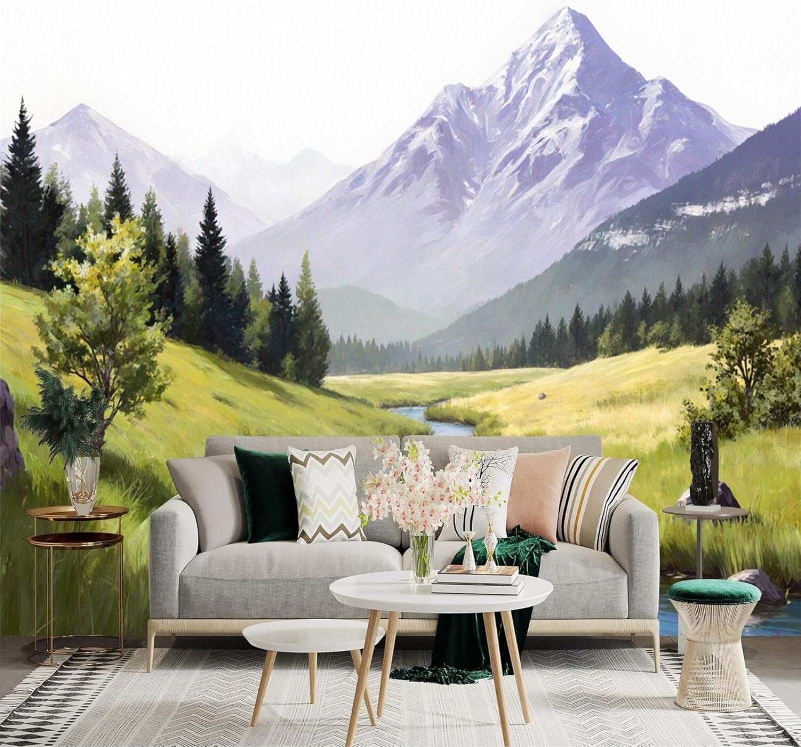 XLMING Fresh Rivers Forests Green Meadows Mountain Scenery 3D Wallpaper Silky Texture Home Study Office Grey Dining Room Sofa Bedroom Living Room TV Backdrop-400cm×280cm