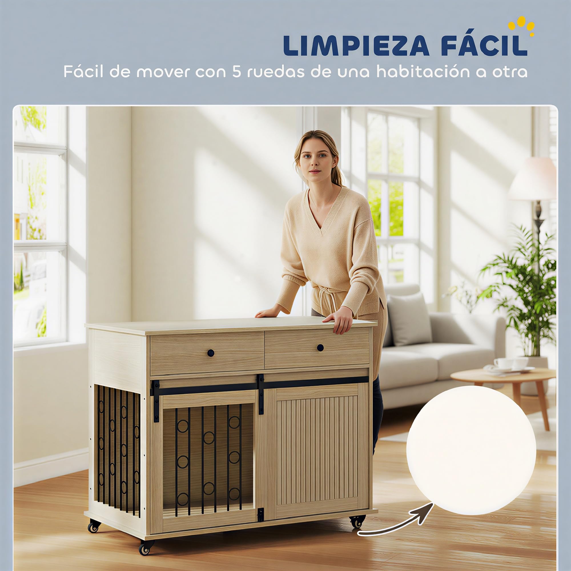 PawHut Jaula para Perros con Ruedas y Mesa Auxiliar, Casa Moderna para Mascotas con 2 Cajones, Cierre y 2 Puertas, para Perros Medianos y Grandes, 100x56x81 cm, Roble