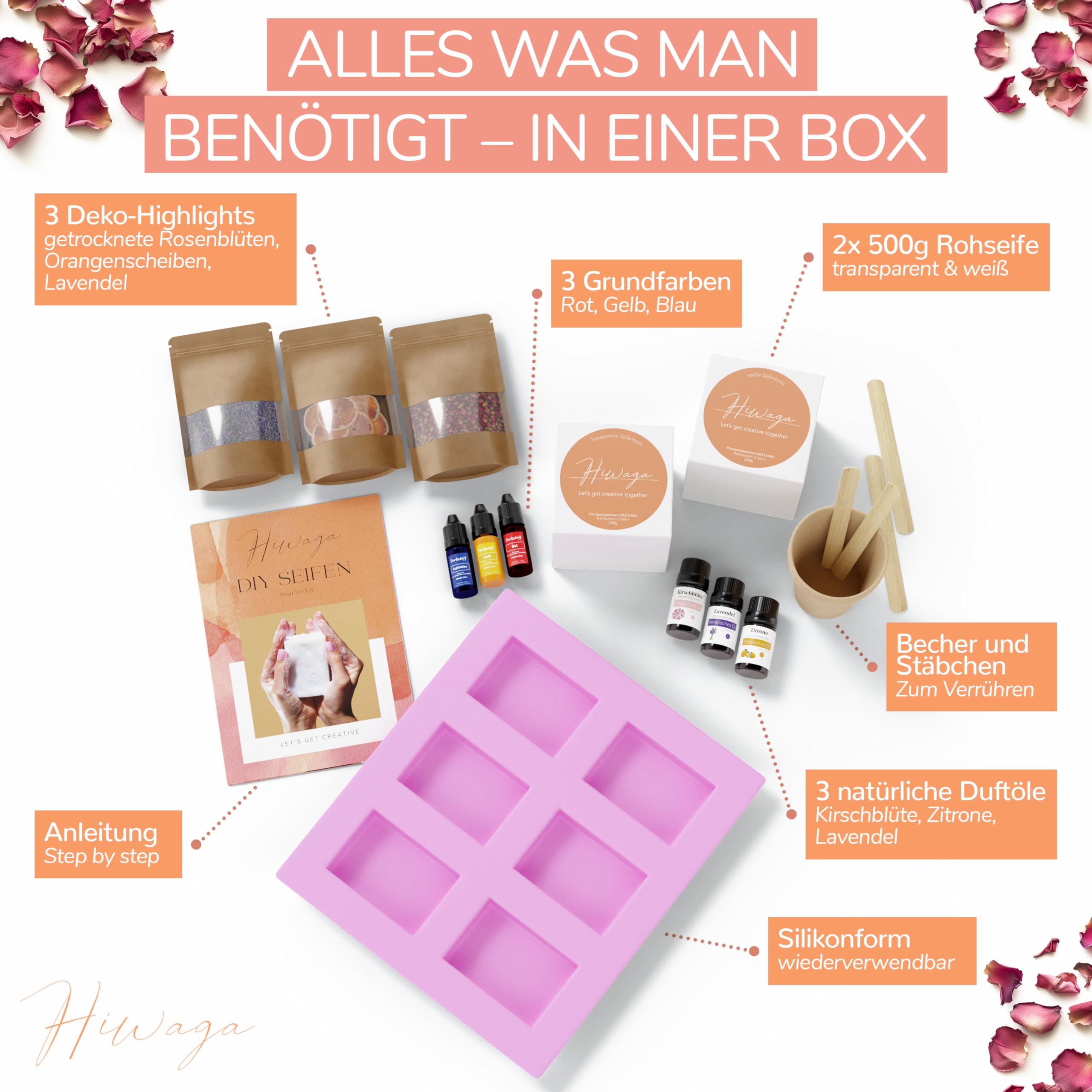 Hiwaga DIY Seifen selber machen Set für Erwachsene, Starterkit für kreative Seifenherstellung, Seife selber machen Set Erwachsene, Komplettset inkl. Rohseifen, Farben, Duftöle und Silikonform