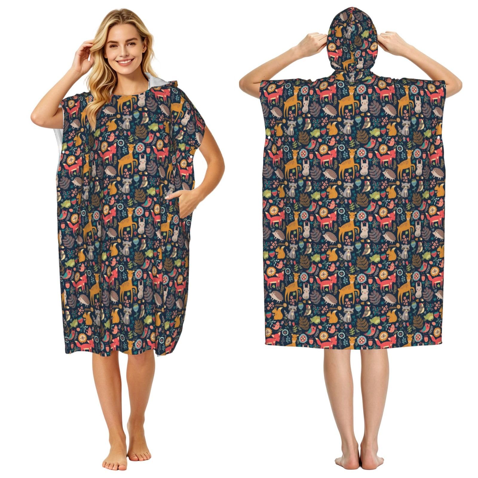 Esnaiuvcd Women's Black Owl Rabbit Birds Fox Print Changing Robe, Hooded Towel Poncho For Swimming Pool, Beach,Quick Dry & Light Weight Towelling Poncho For Adults Men