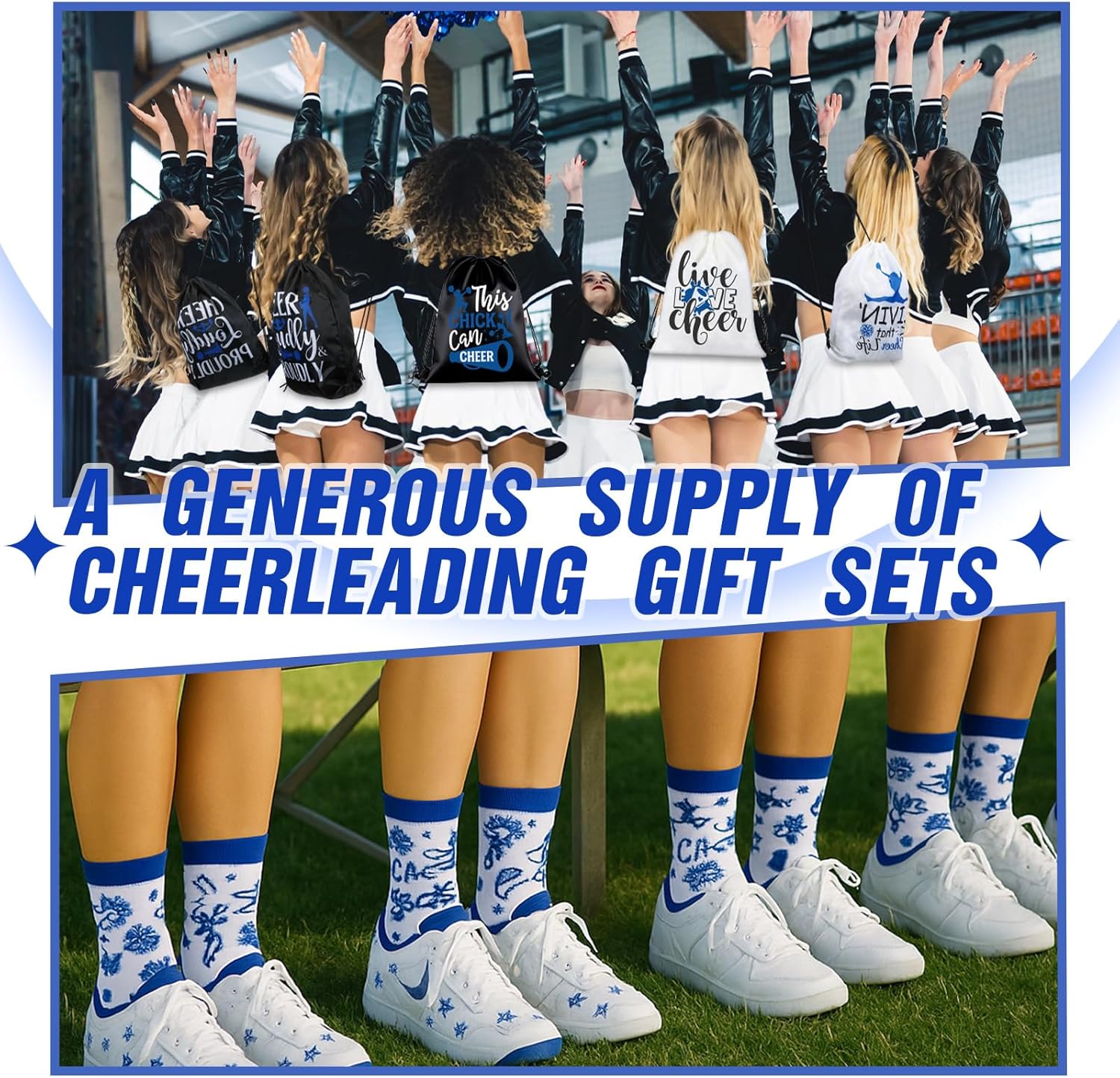 Chicingyou 12 Sets Cheerleader Gifts Girls Cheer Drawstring Backpack Bracelet Keychain Hair Band Sock Bulk, Cheer Accessories for Team, Sports Events, Contest, Party, Birthday, Women