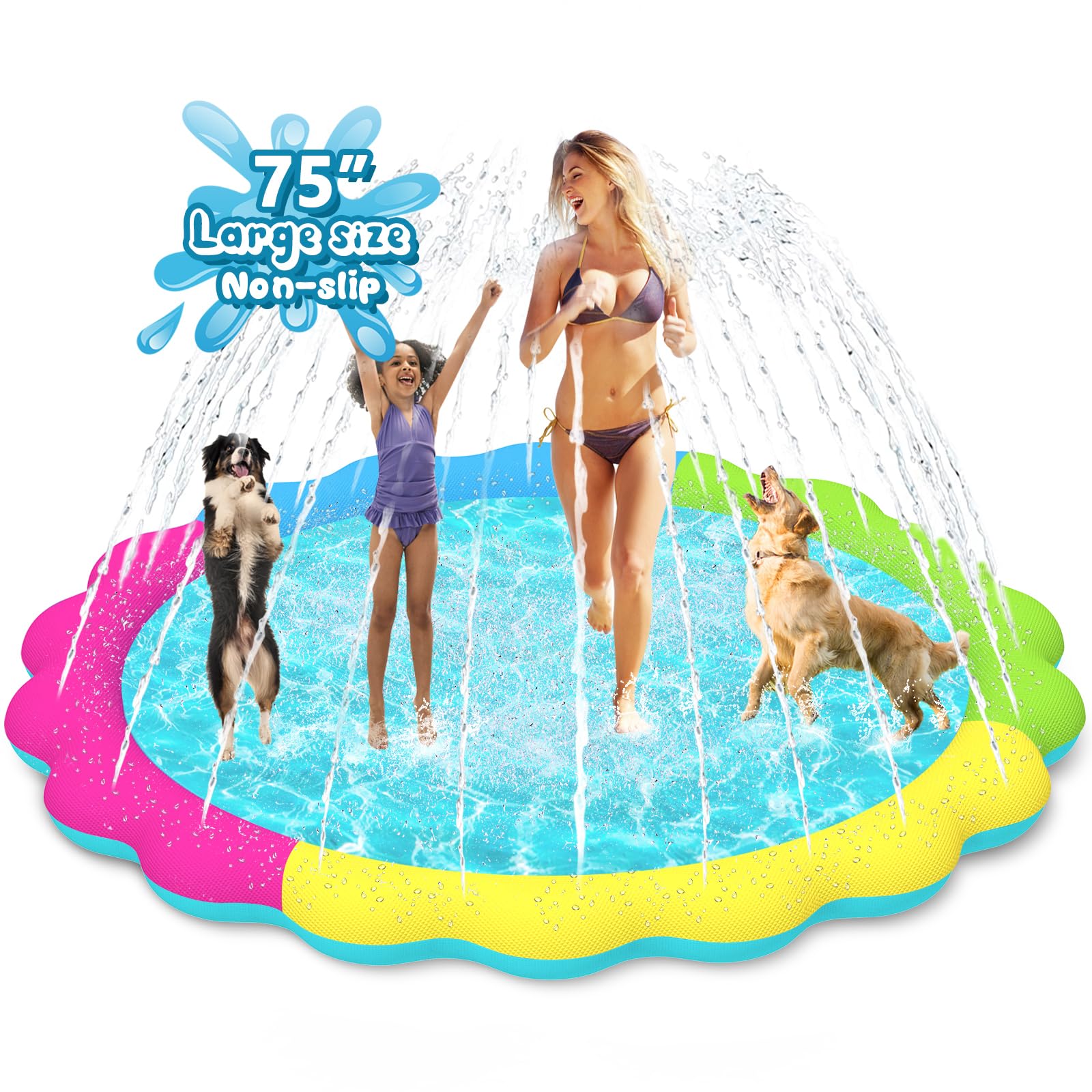 YAUNGEL Splash Pad for Dogs, 75in Non-Slip Sprinkler for Kids 0.55mm Thickened Durable and Foldable Dog Pool Inflatable Summer Outdoor Water Toys for Kids, Toddlers & Dogs, Mix Colors