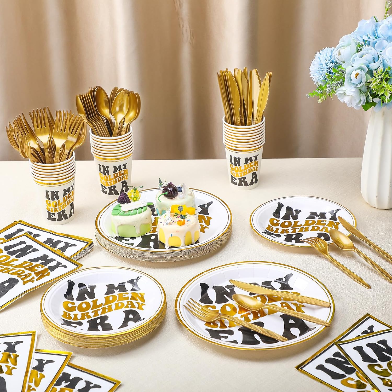 Reallnaive 168 Pcs in My Golden Birthday Era Party Supplies Black Gold Paper Plates and Napkins Tableware Sets Happy Birthday Dessert Tableware for Women Men Party Serve 24