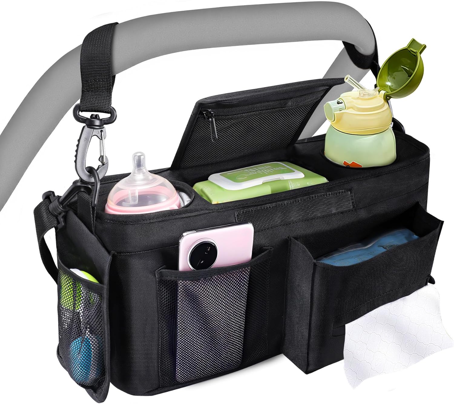 INFANZIA Universal Stroller Organizer with Insulated Cup Holders, Adjustable Stroller Caddy with Phone Bag & Shoulder Strap, Baby Stroller Accessories Fits for Uppababy, Doona, Jogger, Britax (Black) - Image 1 of 9