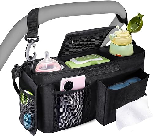 INFANZIA Organizador universal para cochecito con portavasos aislados, organizador ajustable para cochecito con bolsa para teléfono y correa para el