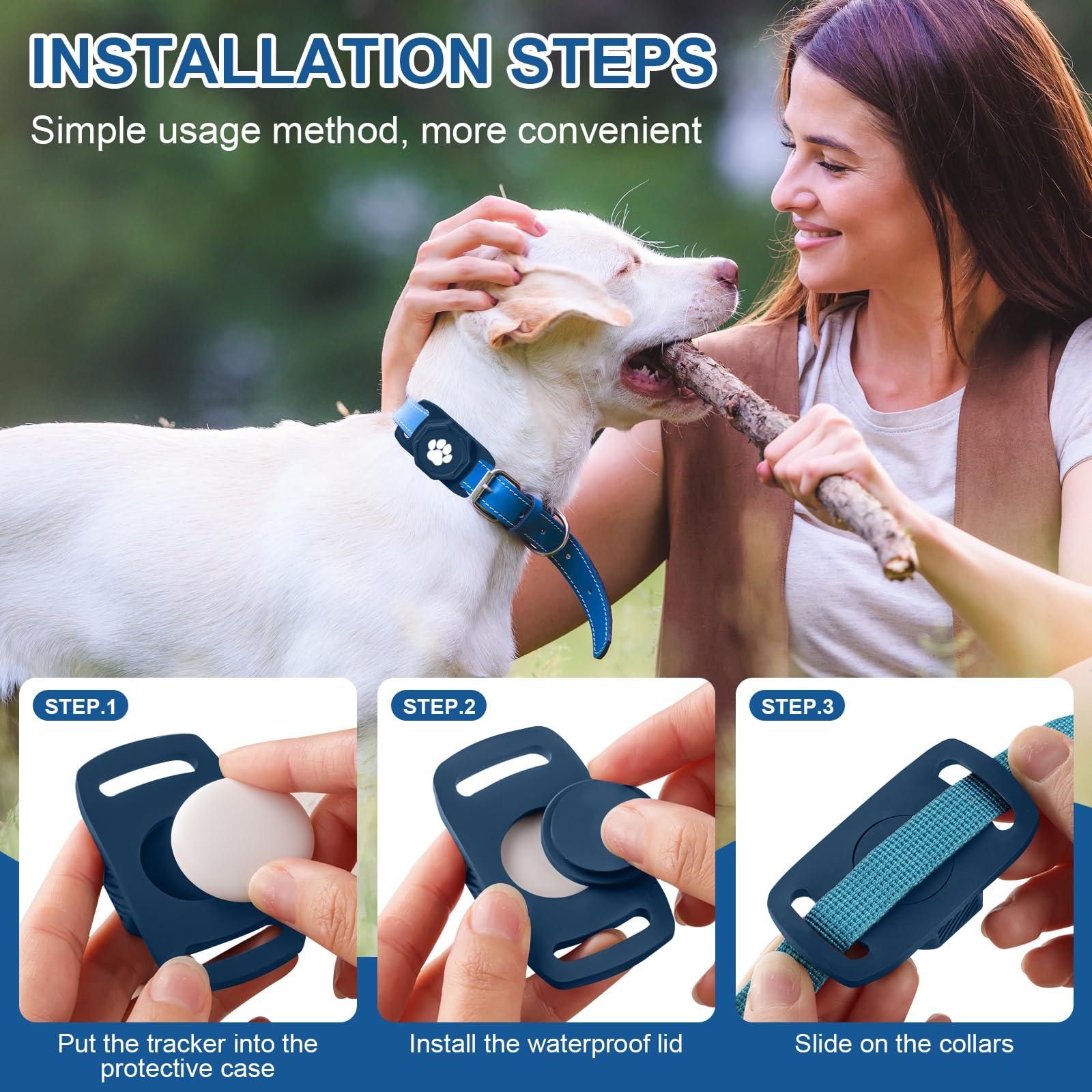 Tracker intelligent pour collier – Tracker de localisation de chien avec support, compatible avec Google Android uniquement (pas pour iOS), bleu