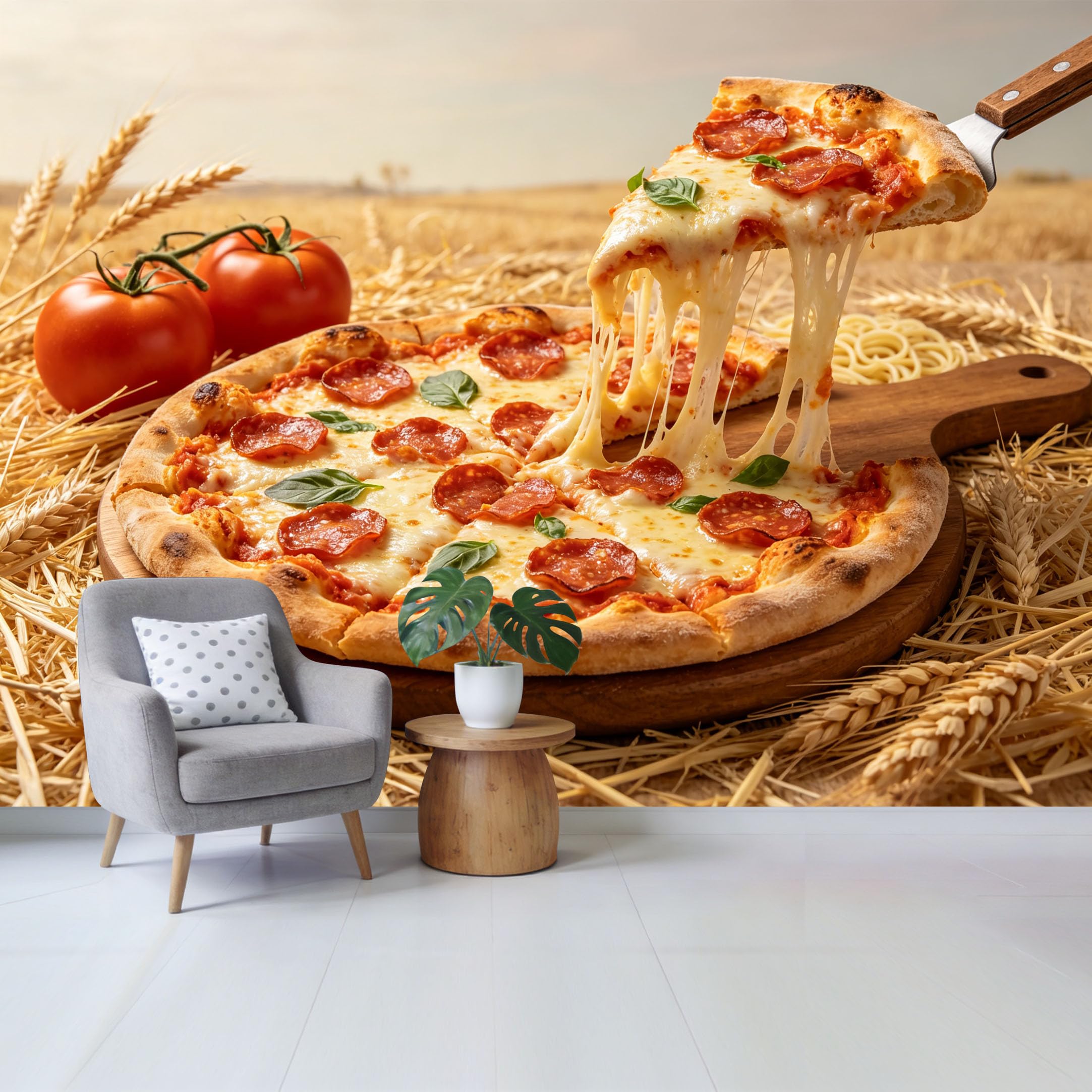 Custom Size Wall Mural Delicious Pepperoni Pizza Melting Cheese Fresh Tomato Wheat Field 3D Textured SelfAdhesive Wall Fabric Removable Wallpaper for Home Office Decor