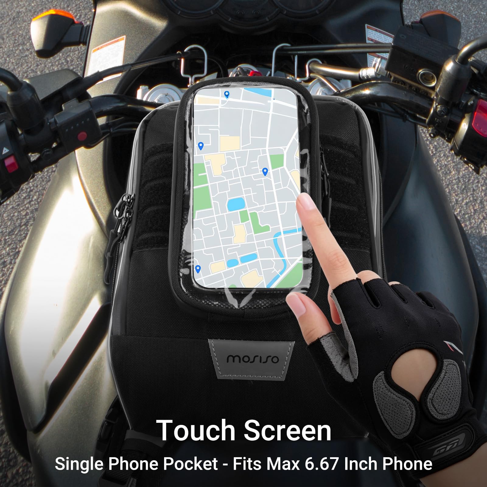 MOSISO Sac Réservoir Moto, 5 Sangles Renforcées Haute Résistance, Base Antidérapante Portable Détachable, Sac Multifonction Accessoires Moto Cyclisme Extérieur Rangement, Noir