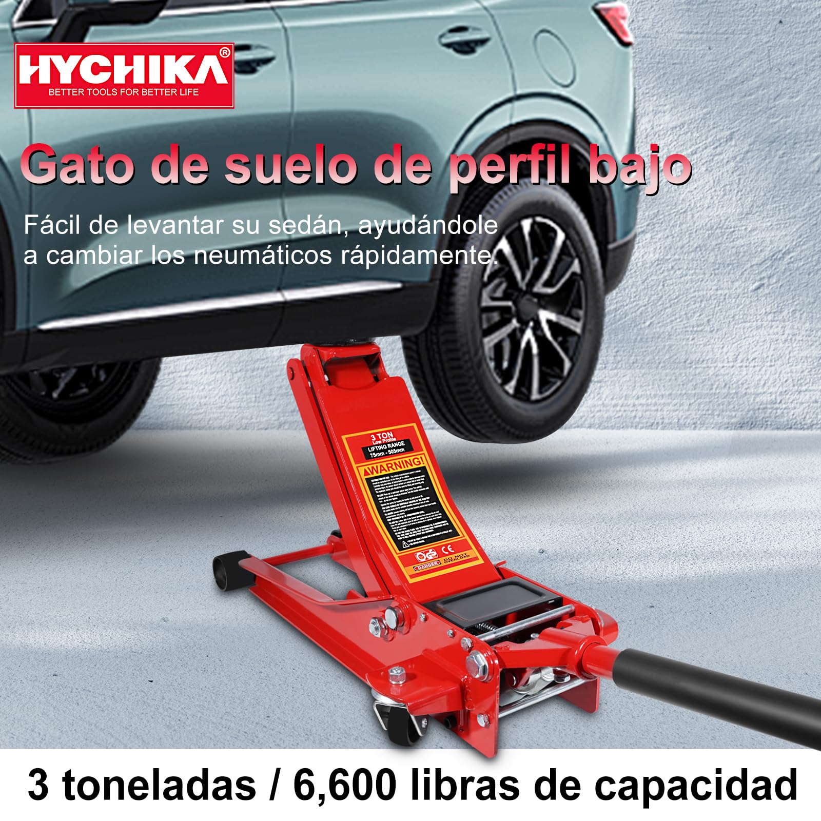 HYCHIKA Gato Hidráulico de Acero 3 Toneladas Perfil Ultra Bajo Bomba de Elevación Rápida Doble Pistón
