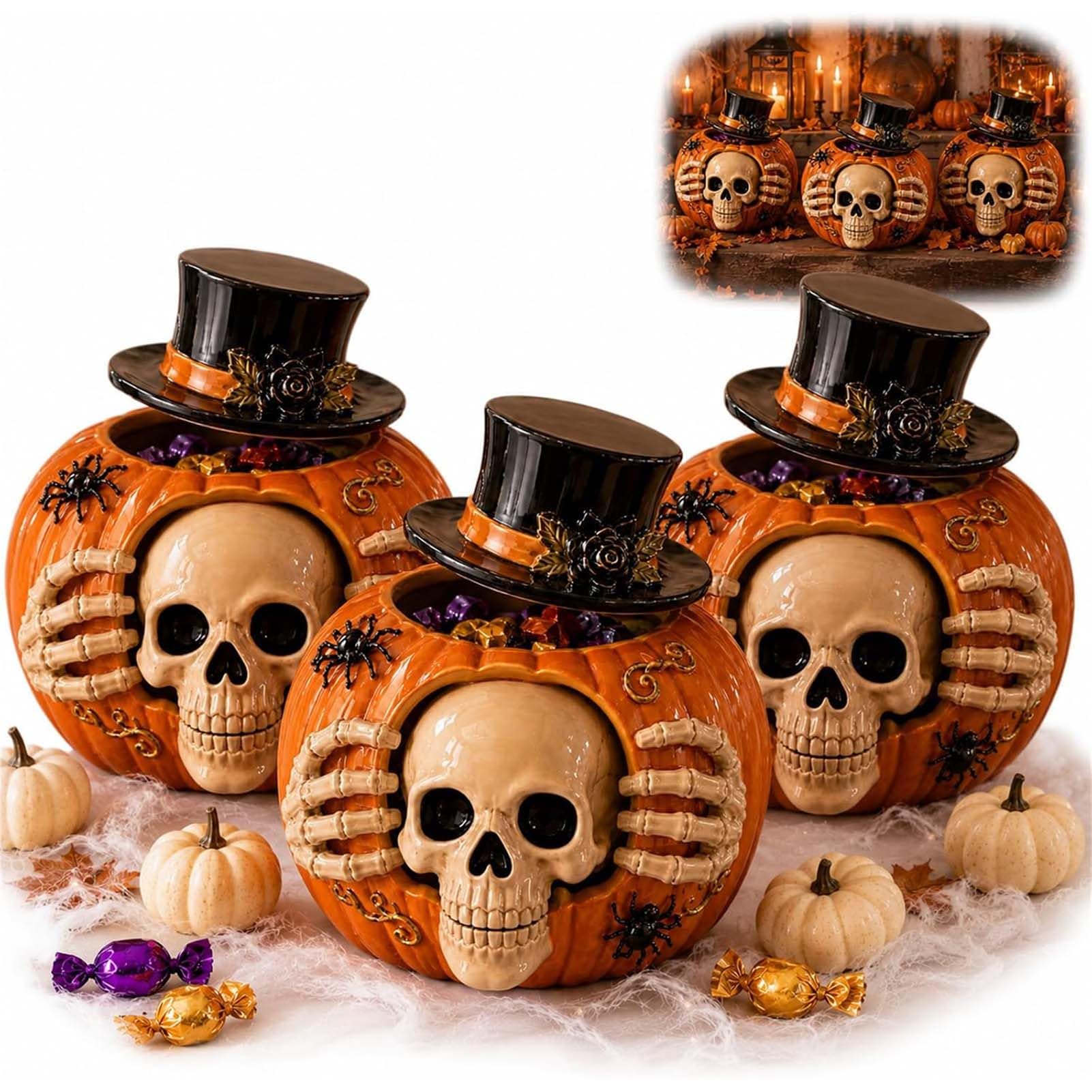 DTSXFTLY Halloween Candy Jar Skull Pumpkin With Removable Top Hat Lid