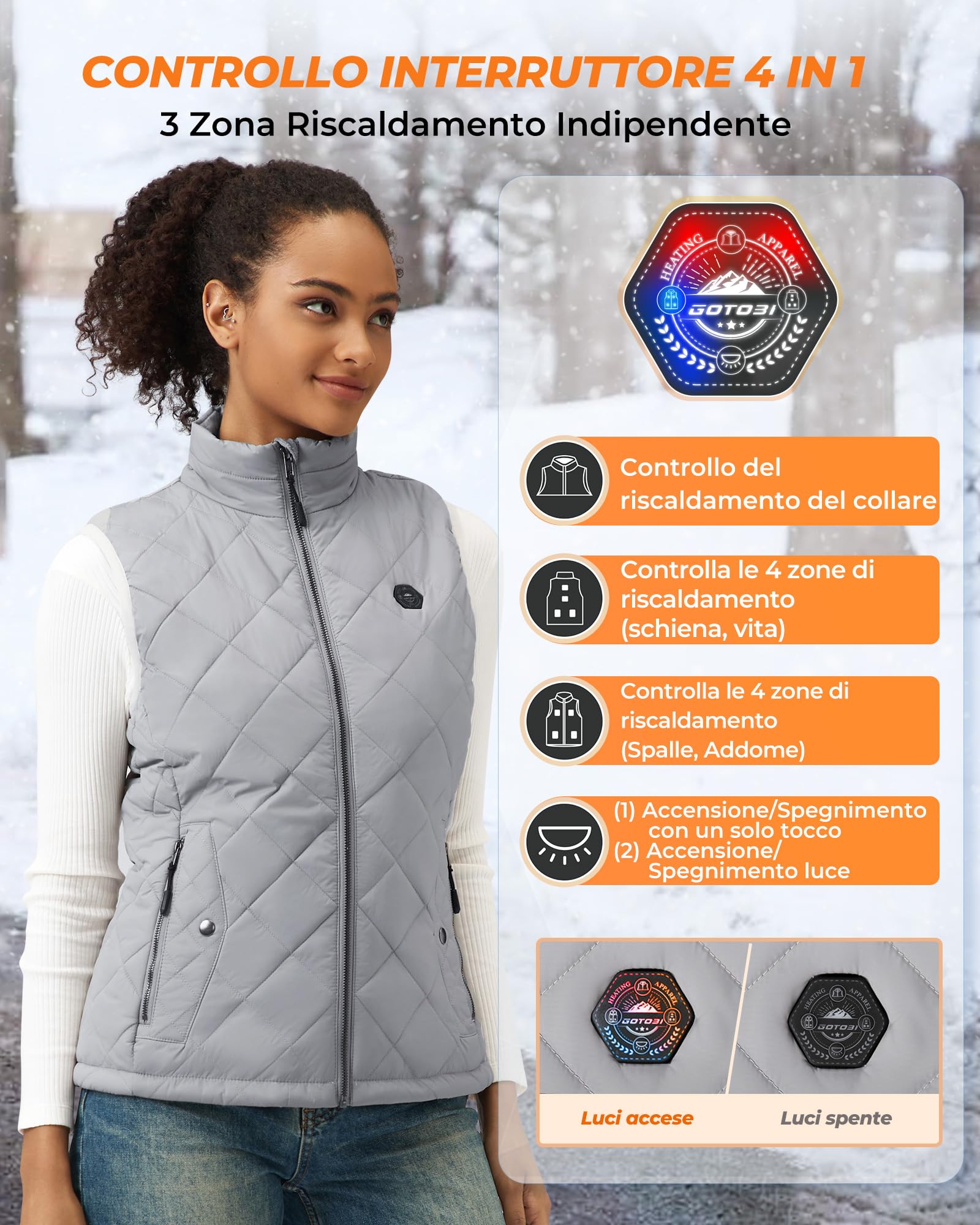 Gilet riscaldante da donna con power bank, 16000 mAh, 7,4 V, con 9 zone di riscaldamento e 3 temperature regolabili, gilet riscaldato per attività all'aperto, escursionismo, grigio, L