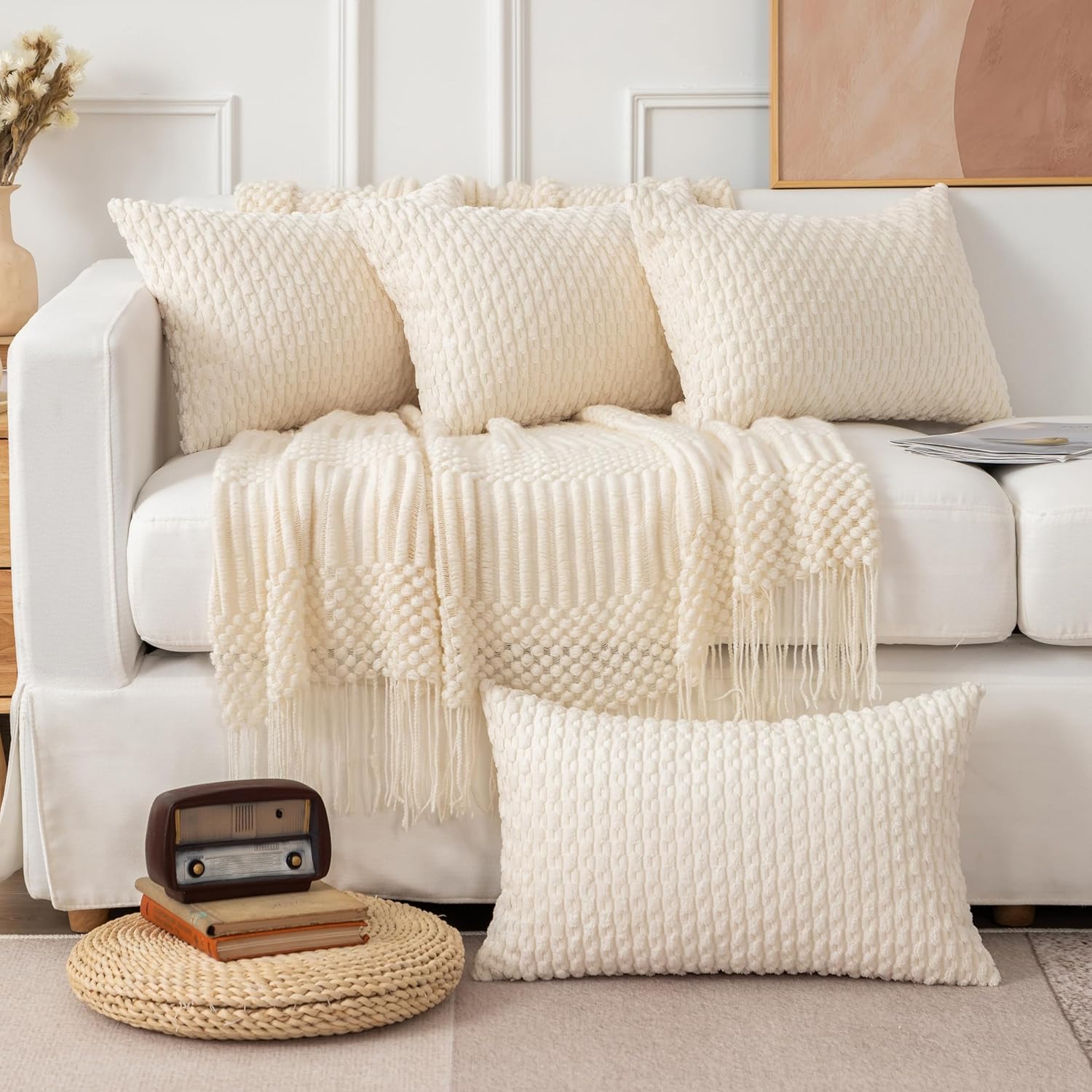 UGASA Soft Corduroy Decorative Pillow Cover 12x20 Inch Boho Striped Oblong Throw Pillow Cover Modern Home Decor for Sofa Living Room Couch Bed Cream White, 1 Piece - Image 6