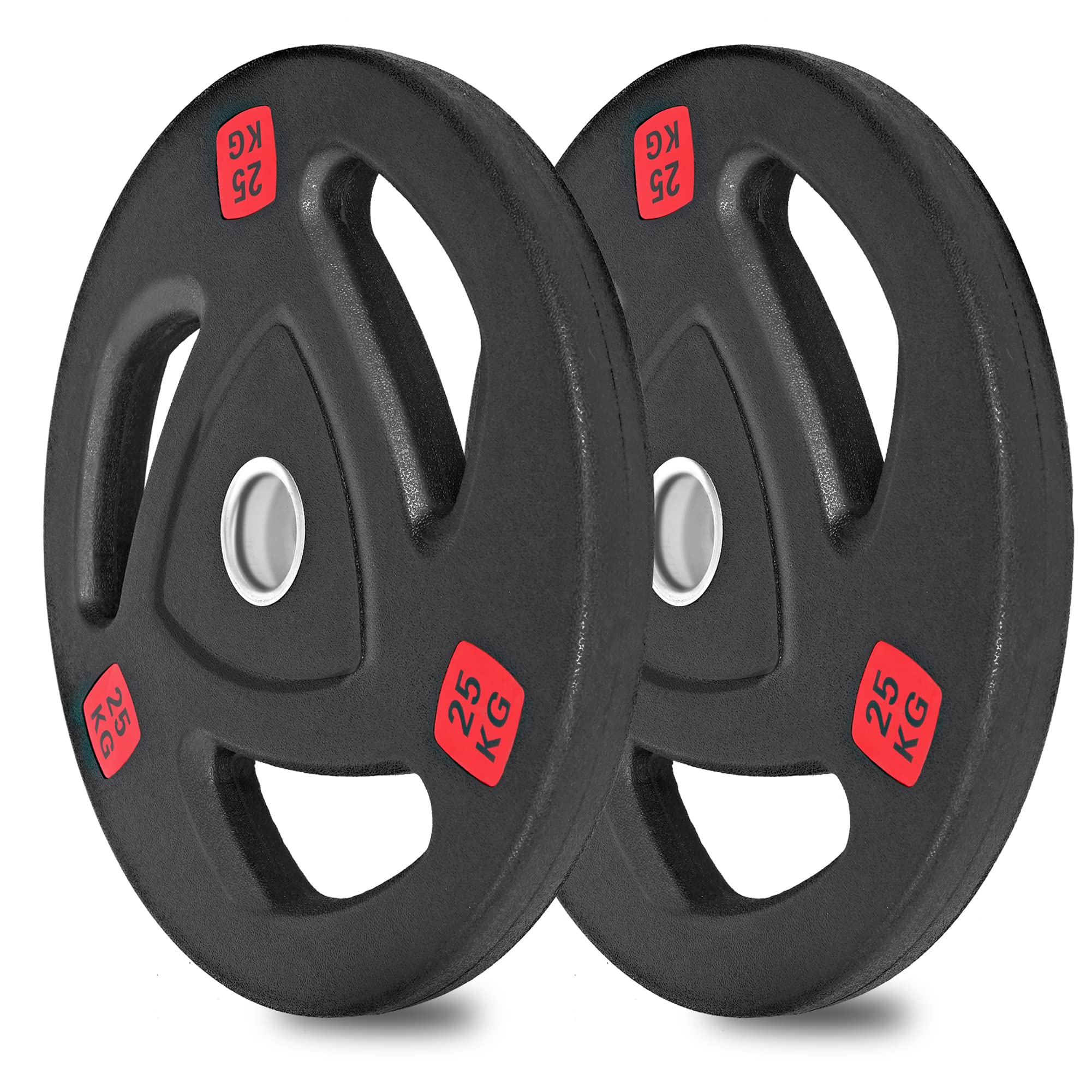 wuuhoo® olympische halterschijven Ray 50mm - haltergewicht set van 2, rubberen halterschijven met stalen kern en handgrepen, gecoat in zwart - fitnessapparatuur voor thuis, modern design (b) 2 x 5kg