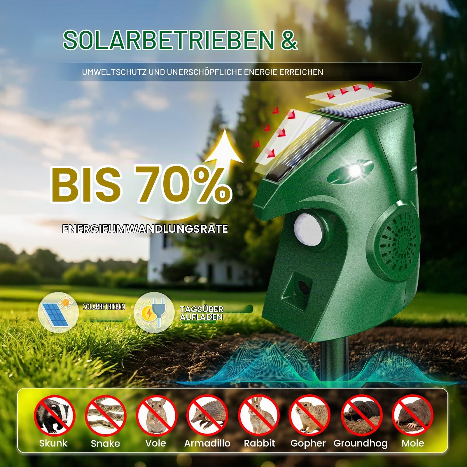 Katzenschreck für Garten, 2 Modi Katzenschreck Ultraschall mit Blinklicht, Solarbetriebene Katzenabwehr und Marderschreck, Automatisch Wasserdicht Tiervertreiber für Katzen, Tauben, Kaninchen