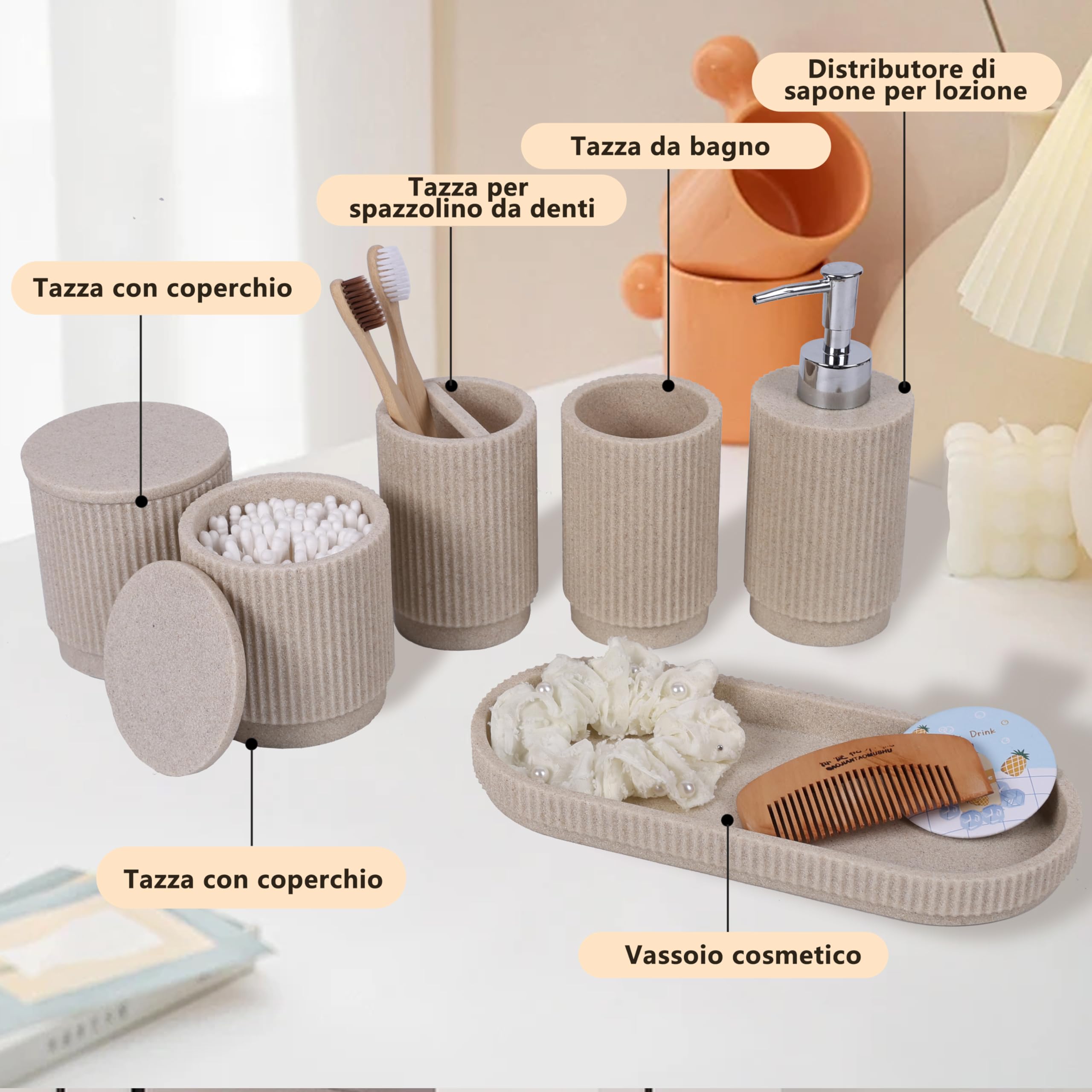 Set Bagno 6 Pezzi – Dispensatore Sapone + Set Bicchiere Dentifricio con Vassoio & Porta Cotton Fioc – Design Righe (Beige), Resina Premium – Include Portaspazzolini & Organizzatore