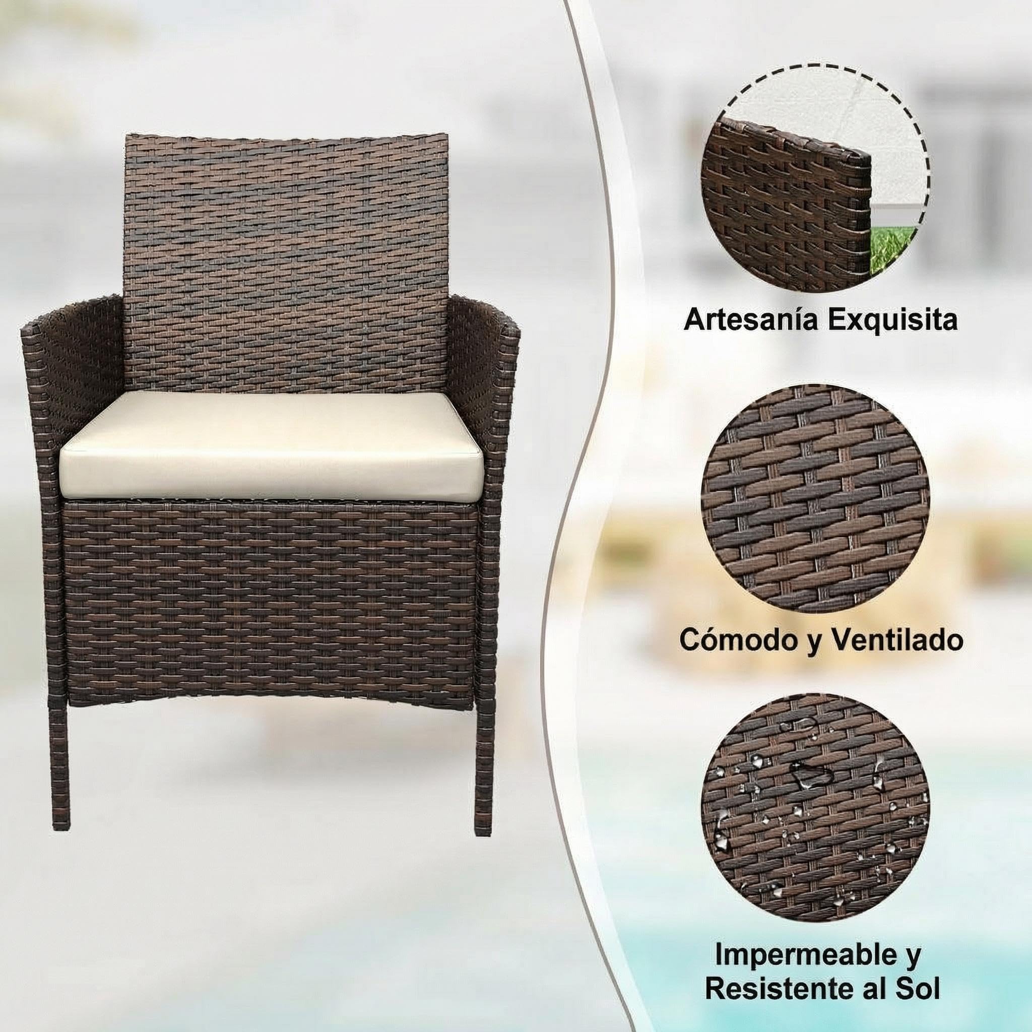 Conjunto de Muebles de Jardín de 3 Piezas, Juego Bistro de Exterior con 2 Sillones de Ratán PE, Mesa de Cristal y Cojines Resistentes a la Intemperie, para Terraza, Balcón, Patio o Jardín, Marrón/Bei