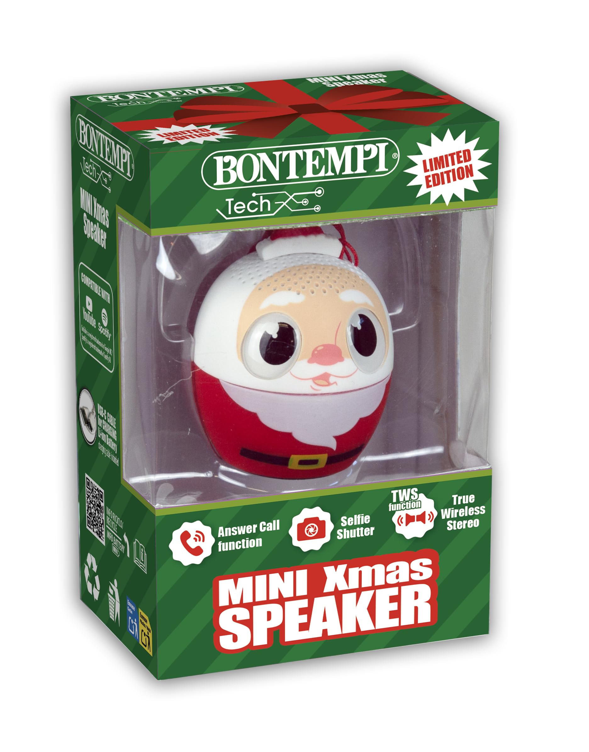 Cassa Wireless Bontempi Mini Babbo Natale – 42mm, Altoparlante TWS, Chiamate E Scatto Foto, Ricarica USB-C, Per Bambini
