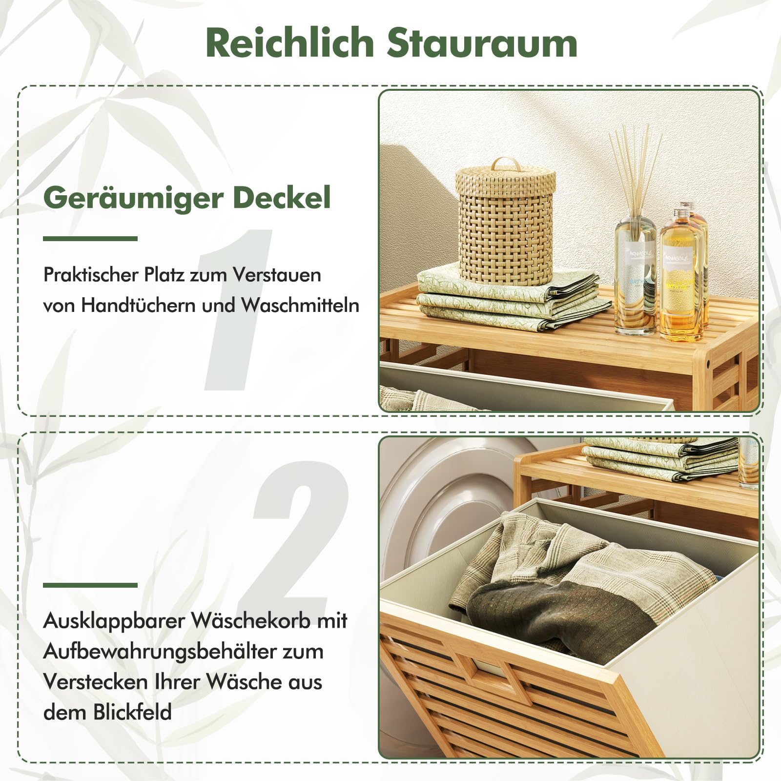 COSTWAY Badregal mit Wäschekorb, 68 L, Regal aus Bambus, Badschrank mit Ablage & Ausklappbarem und klappbarem Korb aus Stoff, Wäschesammler für Badezimmer, Waschküche, Natur, 50 x 35 x 64 cm