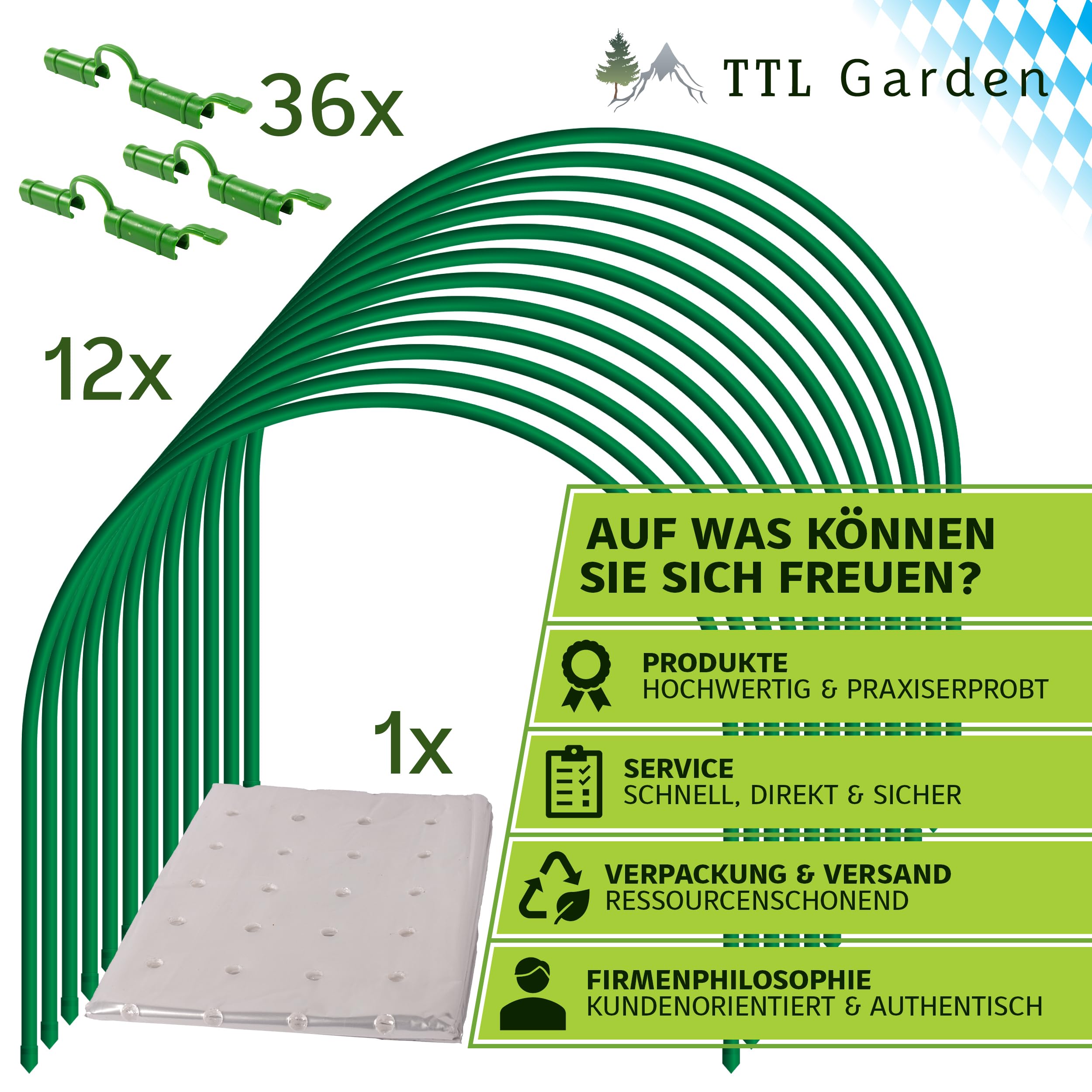 TTL GARDEN 12x 60x65cm Tunnelbögen ARCOS Classic 60 Set + PE-Folie 10x2m + 36 Clips - 12er Set Folientunnelbögen 60cm breit 65cm Stahl beschichtet Rund Bogen Abdeckung Frühbeet Hochbeet stabil