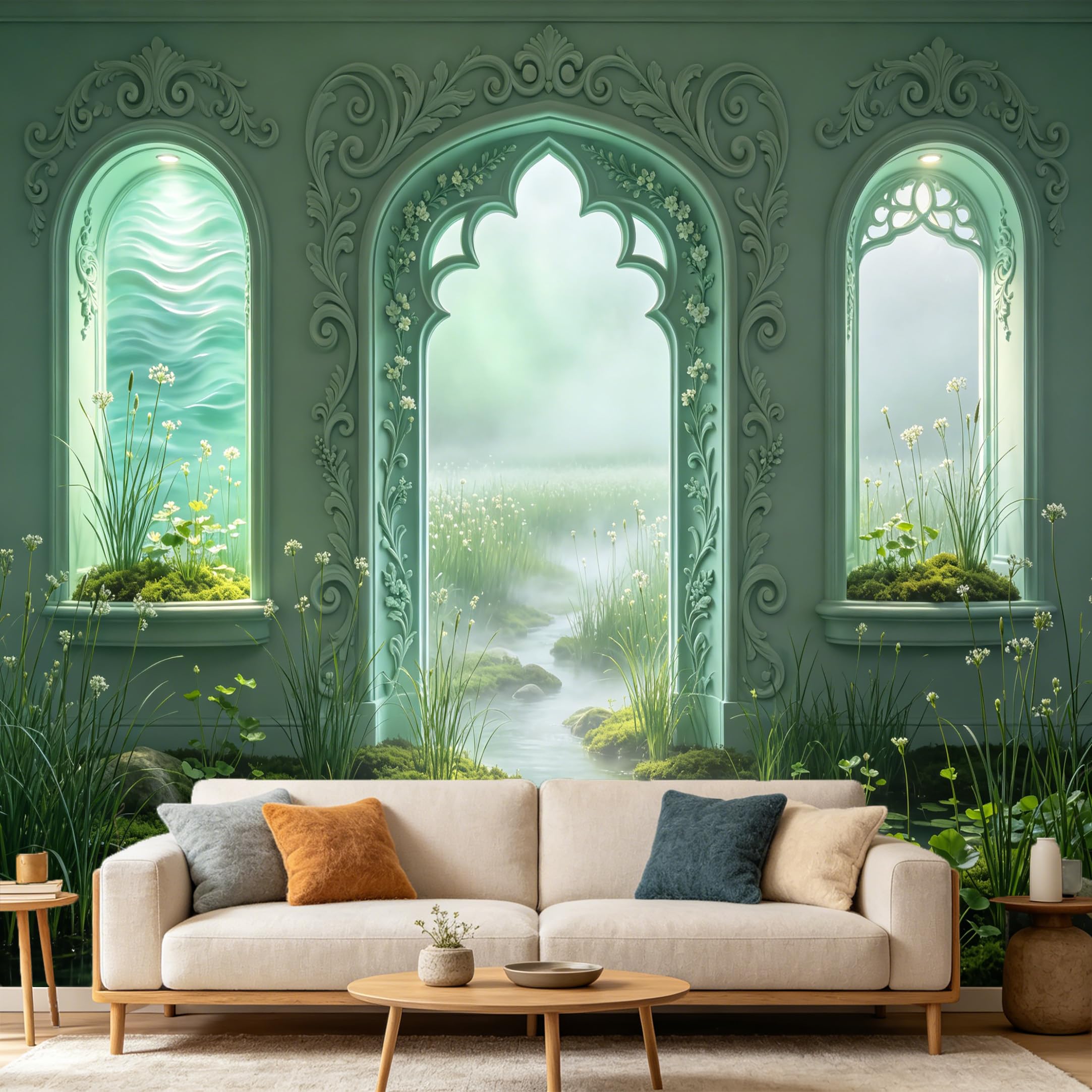 Custom Size Wall Mural， 3D Archway Pond Foggy Forest Botanical Landscape， SelfAdhesive Art Prints wall Fabric Removable Large Wallpaper Home Living Room Decor