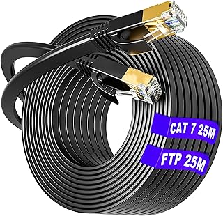 Ethernet Cable 25m Cat 7 Outdoor & Indoor, SSTP High Speed Internet Cable Flat 600MHz 10Gbps, Anti-Oxidation Waterproof Long Ethernet Cable 25m, RJ45 Lan Cable(25 Free Clips), For Router/Modem/Switch