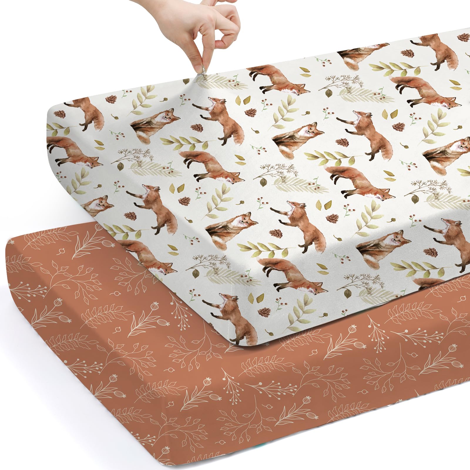 BROLEX Baby Fitted Crib Sheets: Kid Crib Sheets - Set of 2 for Toddler Standard Size Crib Mattress for Boys and Girls - Jersey Knit Crib Bed Sheets Fox&amp;Foliage