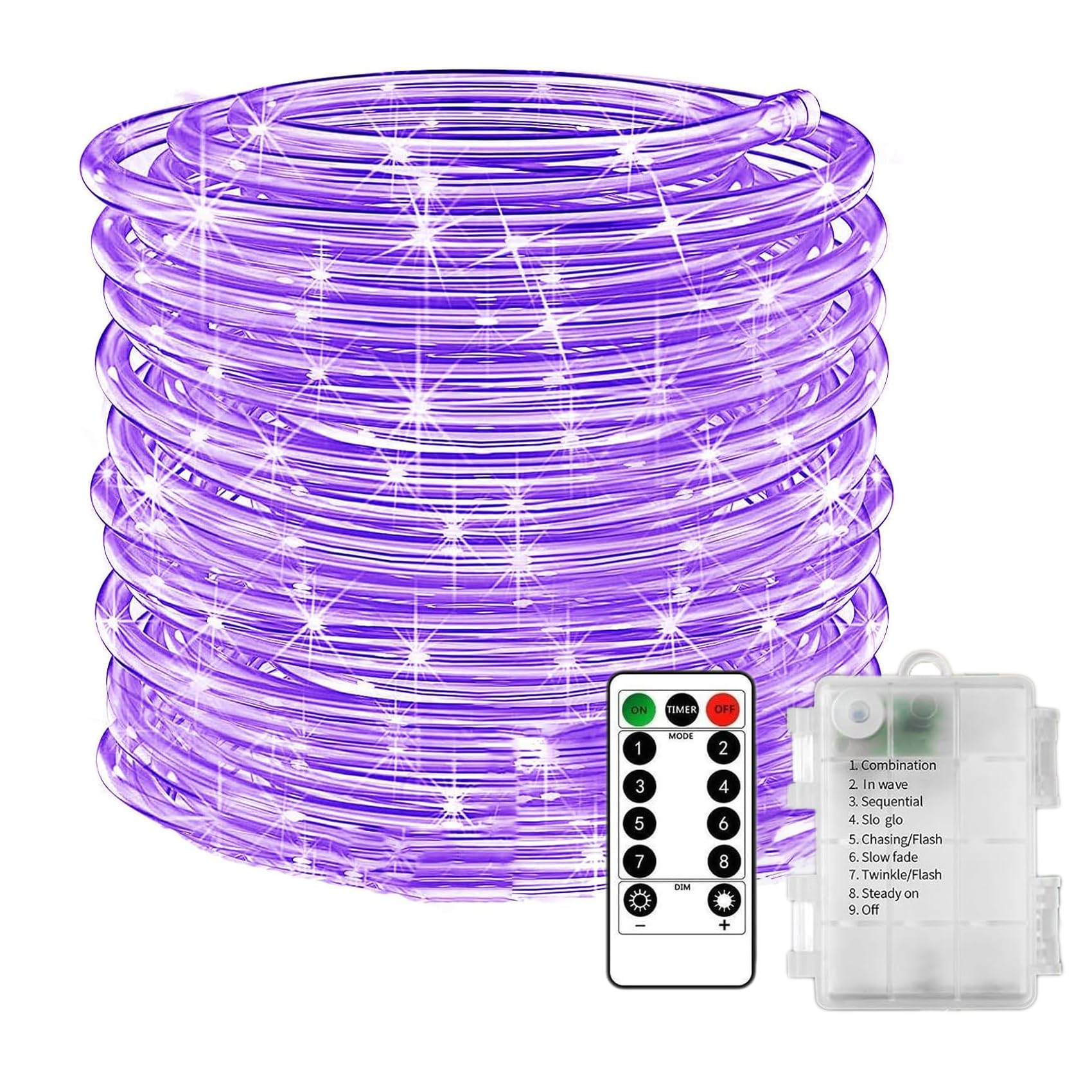 KINGCOO LED Rope Fairy Lights, Battery Operated Tube String Lights with Remote Control Timer 8Modes for Trampoline Camping Tent Indoor Outdoor Garden Wedding Christmas Decor (Purple, 10M 100LED)