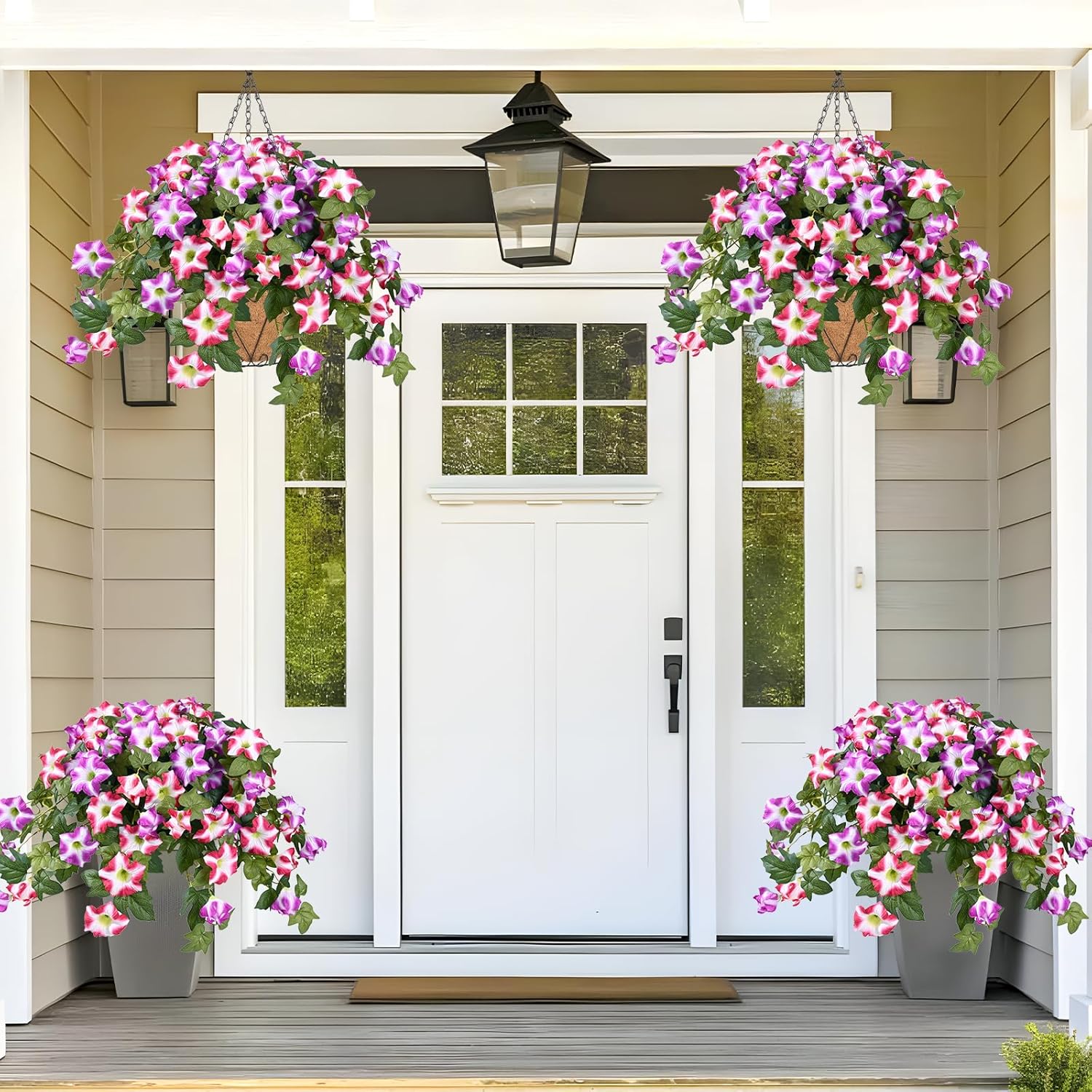 Waipfaru Artificial Hanging Flowers Plants with Basket for Outdoors, Artificial Petunias UV Resistant Realistic Silk Petunias Fake Flowers for Outdoor Garden Porch Balcony Decoration, Red Lotus