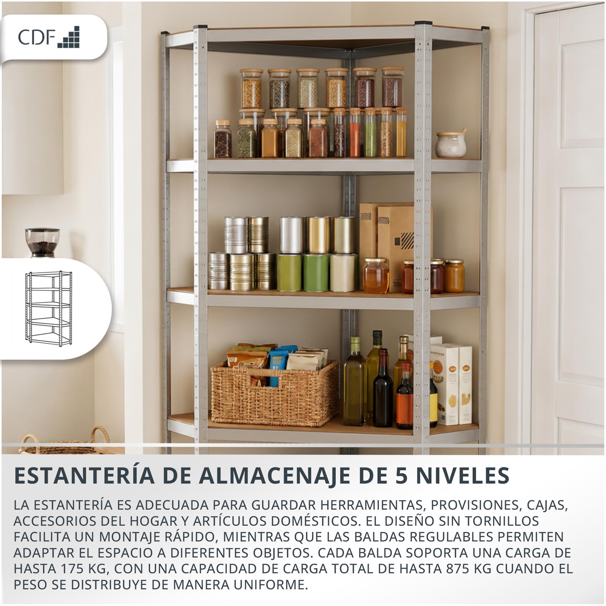 CDF estantería esquinera con 5 estantes, Paneles de MDF, Ahorra Espacio, Capacidad de Carga 875 kg, hasta 175 kg por Estante, estantería de Alta Resistencia, 180x90x40 cm