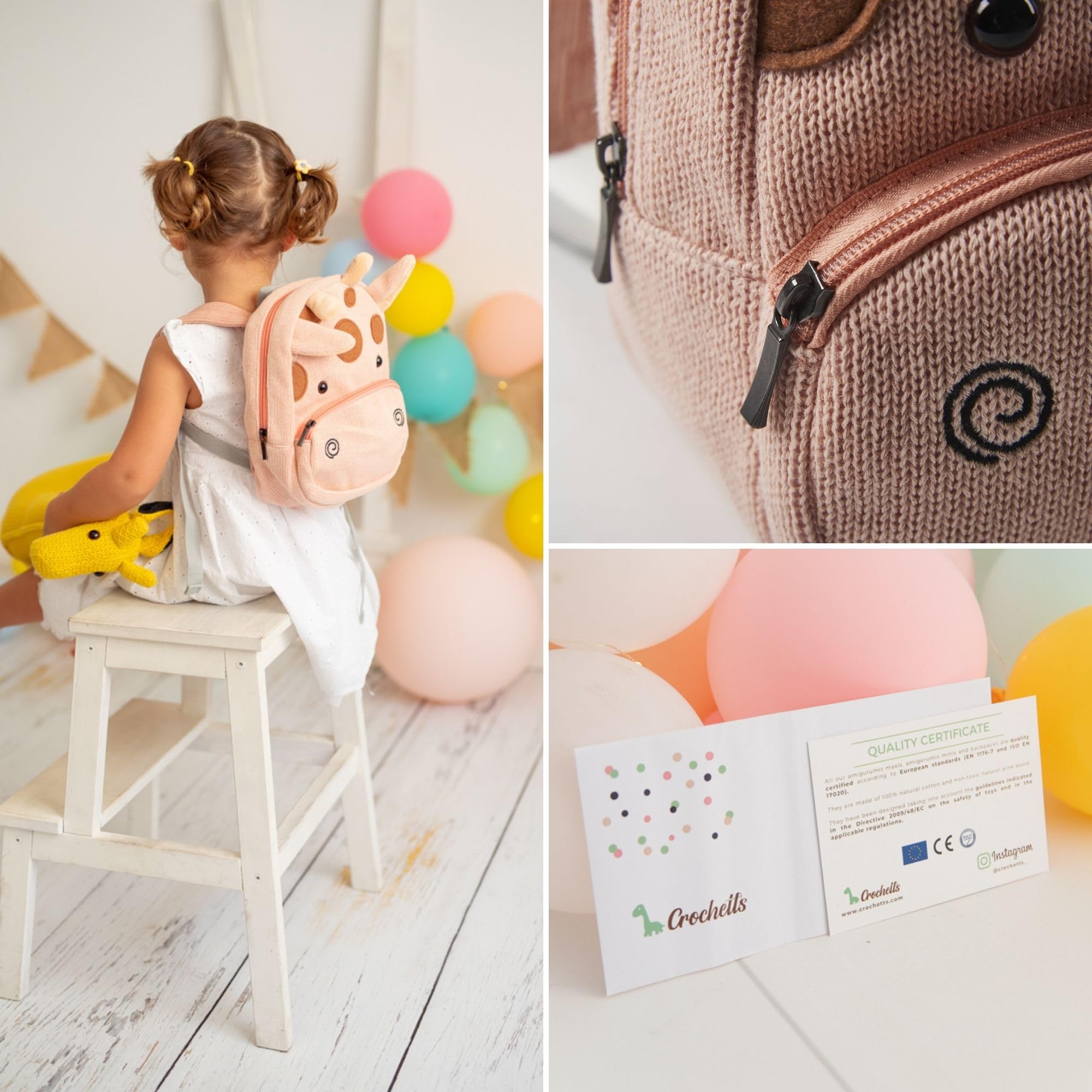 Crochetts | Zaino per bambini dai 2 ai 5 anni per asilo Pinky lavorato all'uncinetto con lana di cotone ipoallergenica | Doppia chiusura lampo e manici regolabili | Rosa