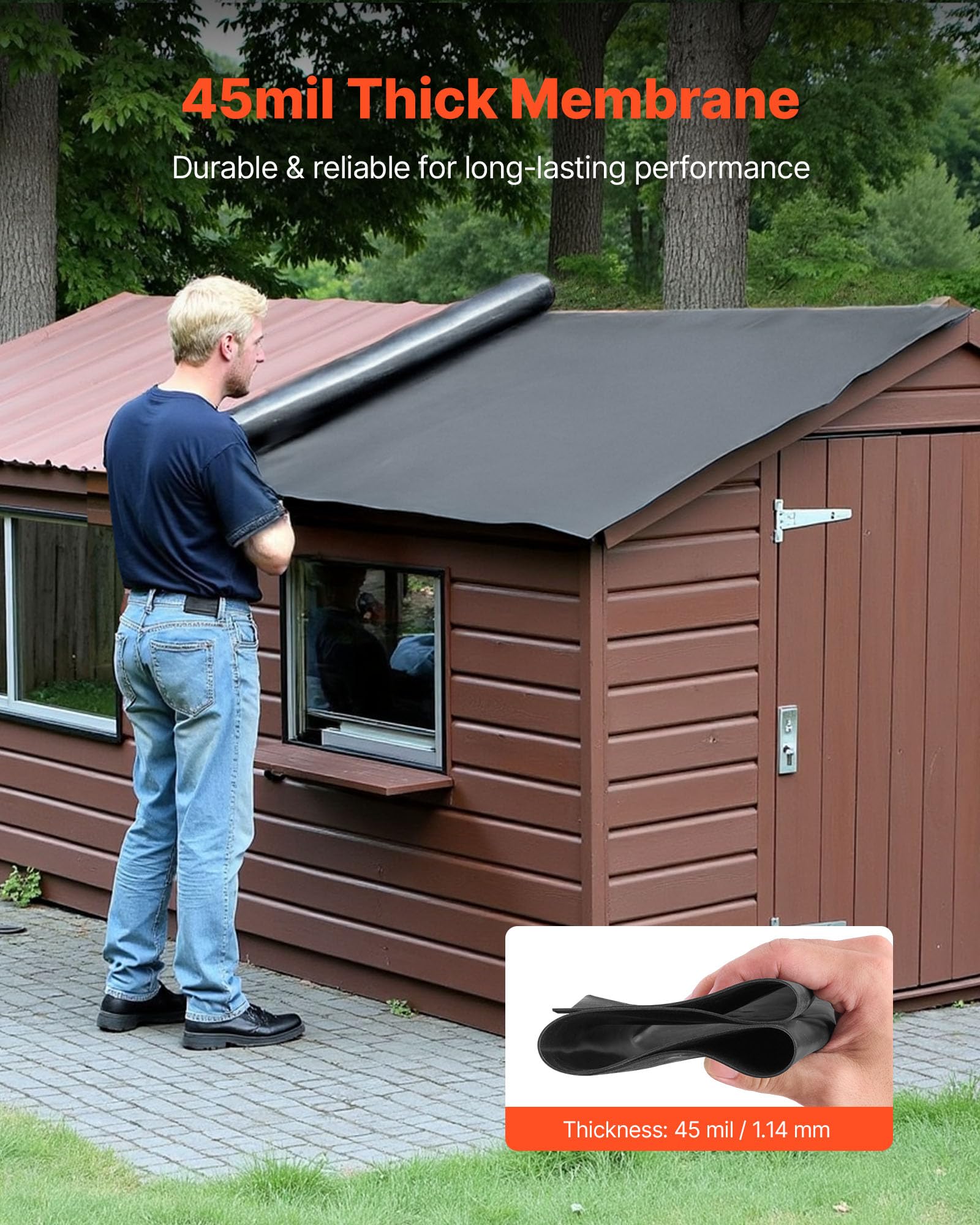 VEVOR Rouleau de toiture, 4,572 x 7,62 m, membrane de sous-couche de toiture, en caoutchouc EPDM de 1,14 mm, résistant aux intempéries et températures extrêmes, pour camping-cars, toits et étangs