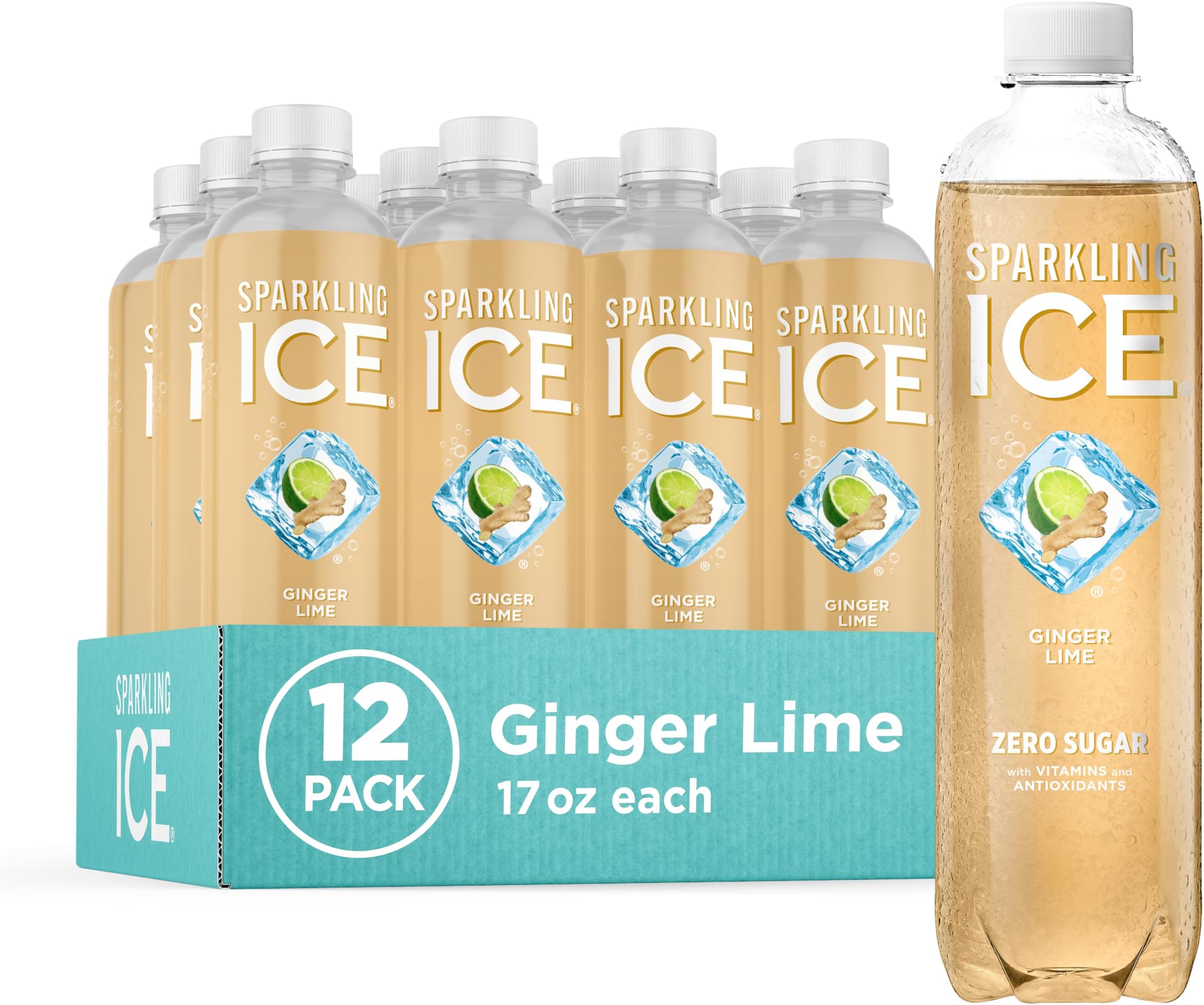 Ginger Lime Sparkling Water, Zero Sugar Flavored Water, with Vitamins and Antioxidants, Low Calorie Beverage, 17 fl oz Bottles (Pack of 12)