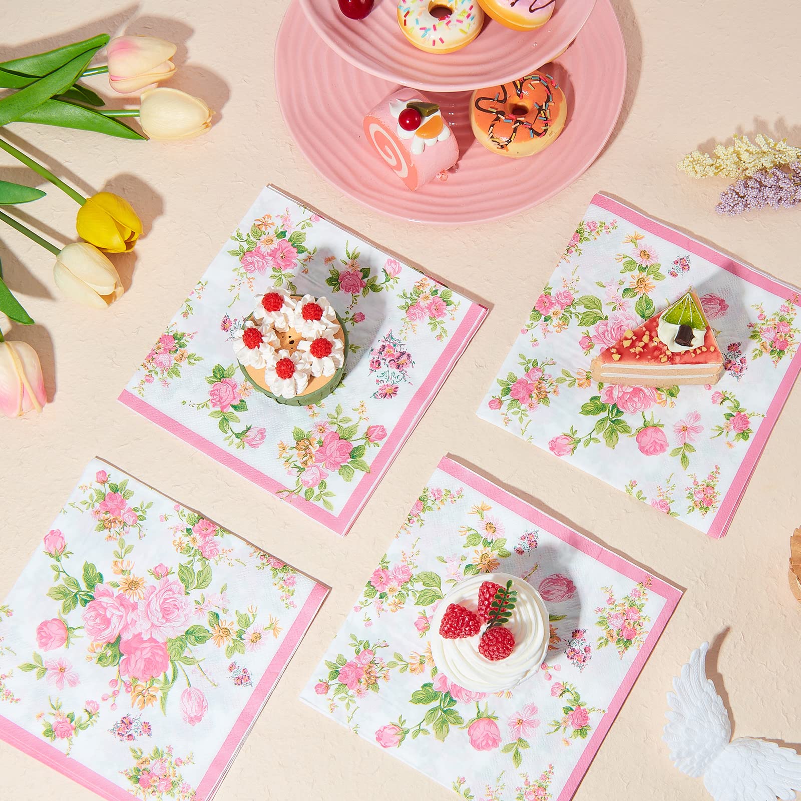AnyDesign Lot de 80 serviettes en papier vintage motif floral bleu et blanc pour mariage, anniversaire, maison, cuisine, goûter, 16,5 x 16,5 cm