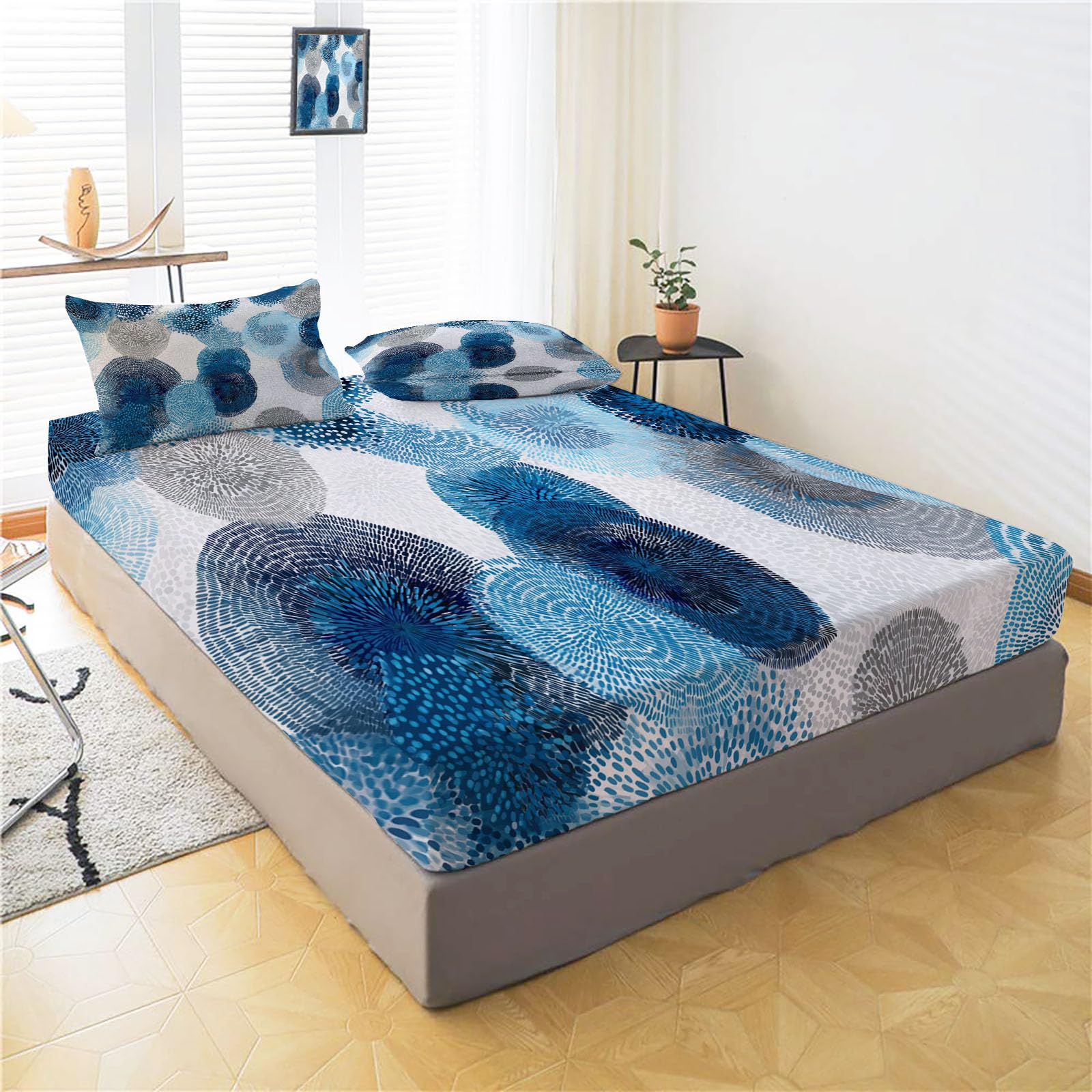Sábana Bajera Ajustable De Flores Abstractas 200X190/200Cm, Juego De Ropa De Cama De Salpicaduras De Acuarela, Azul Cielo, Sábana Bajera De Set (Sin Sábanas Encimera) Microfibra Suave Lavable