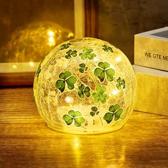 TTQ [Timer] 1 Pcs St Patricks Day Decoration,3.93 Lighted Decorative Glass Ball,Shamrock Crackle Globe Night Light,Decorative Balls Glass Orb Table Lamp for Home Table Centerpieces Decor Gift