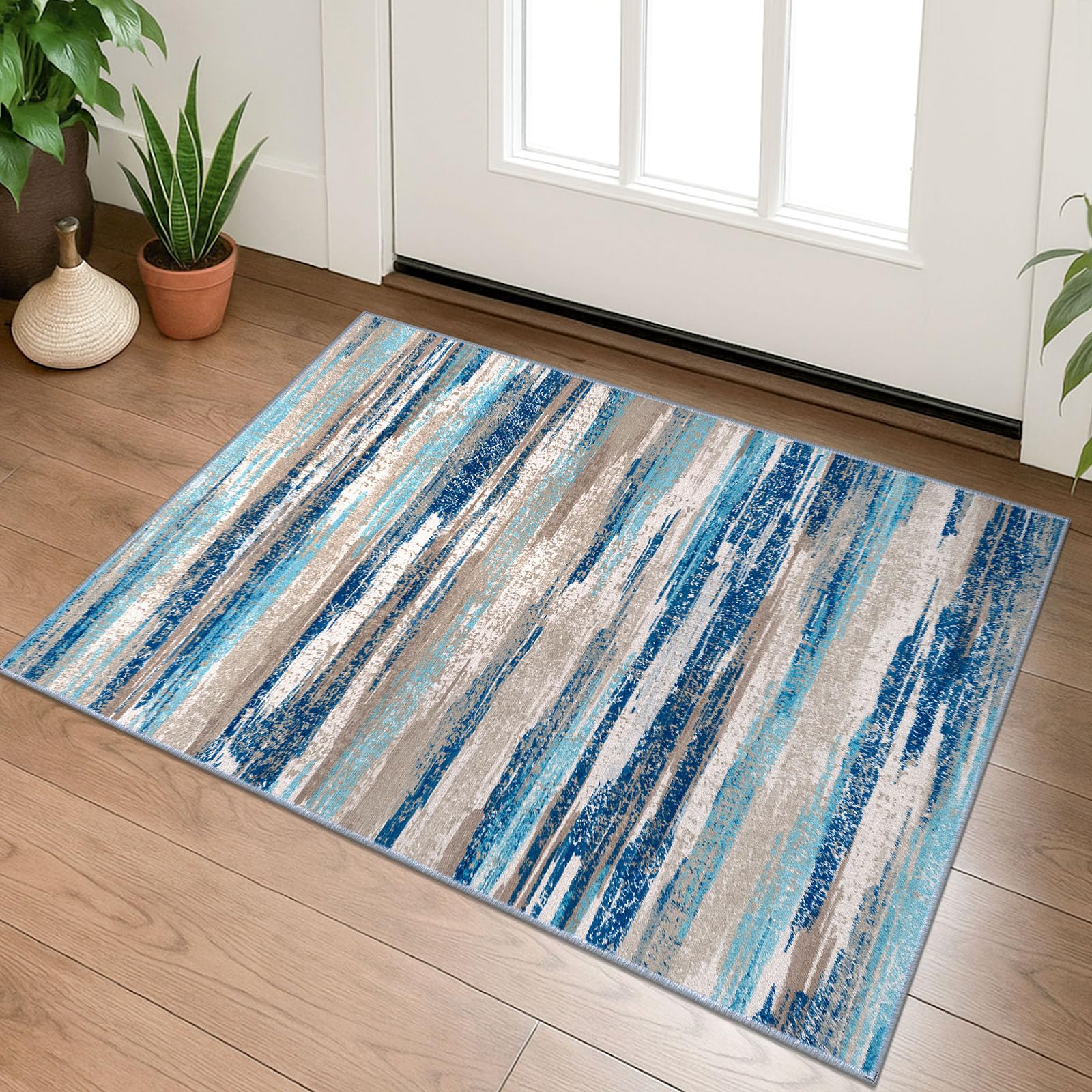 Lansny Small Abstract Area Rug, Entryway Rug Washable Door Mat Indoor Entrance, 2x3 Washable Rug Non-Slip, Soft Blue Kitchen Rugs Thin Print Faux Wool