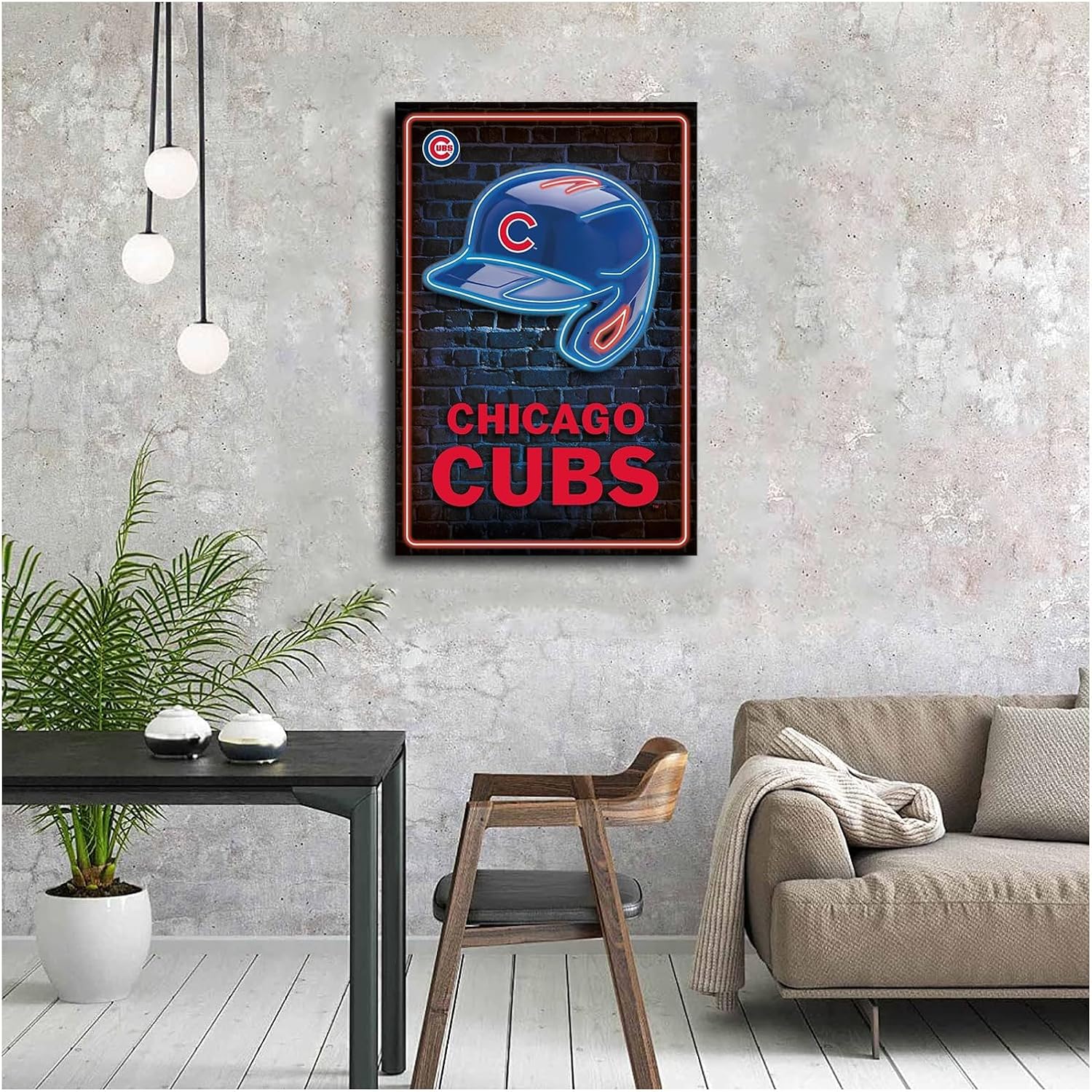 Chicago City Cubs Baseball Poster City Baseball Caps Neon Badge Canvas Mural Pattern Print Artwork Decorative Home Decor Painting (With Frame,16x24inch)