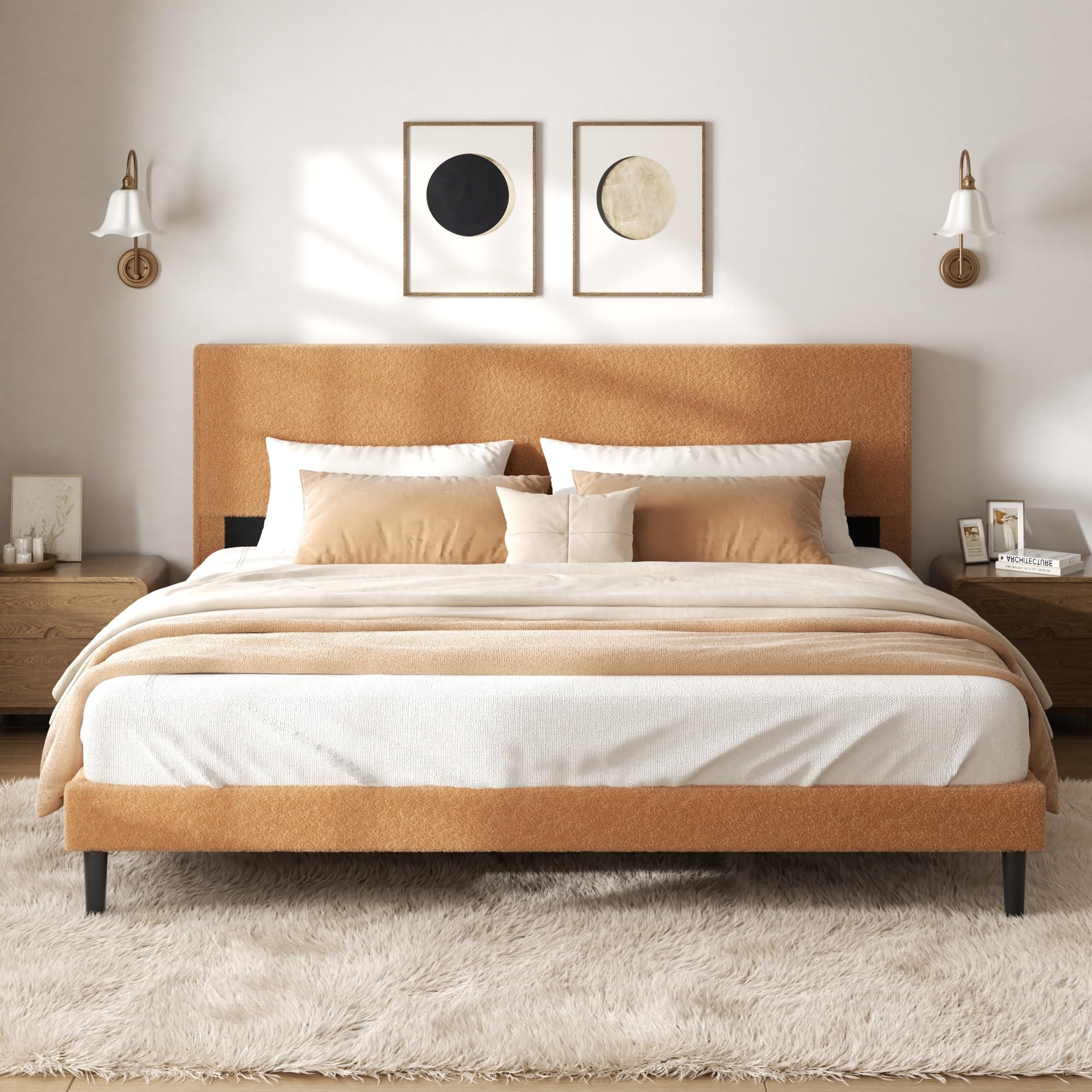 King Bed Frame Teddy Velvet Modern Platform Bed Frame with Upholstered Headboard Mattress Foundation No Box Spring Required