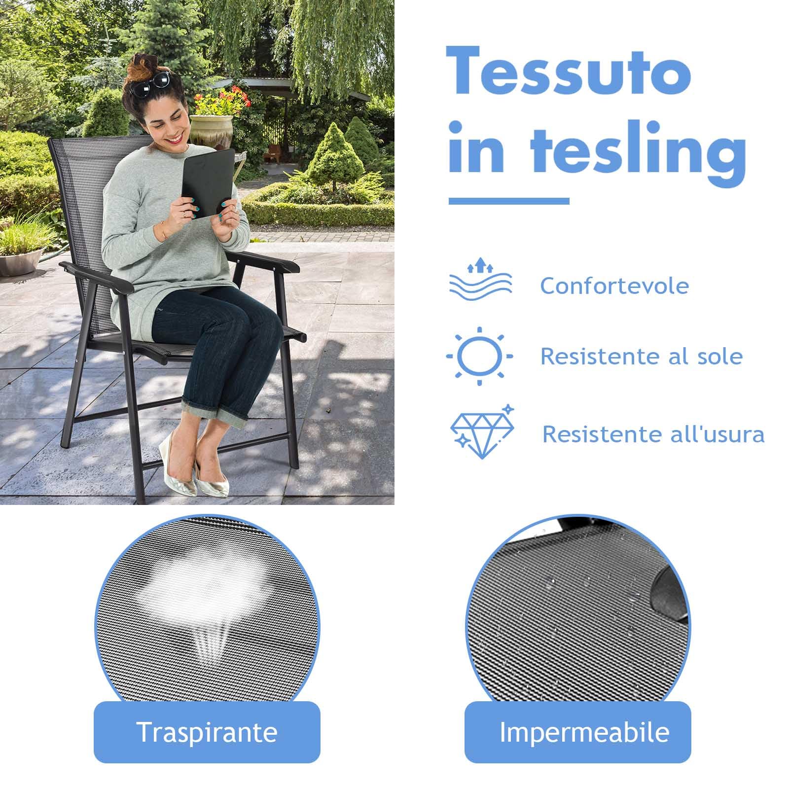 KOMFOTTEU Set di 2 Sedie da Giardino Pieghevoli con Schienale Alto, Sedie da Esterno in Tessuto e Metallo, Carico 150 kg, Poltrona da Balcone, Terrazza, Sala da Pranzo, Cortile (Grigio)