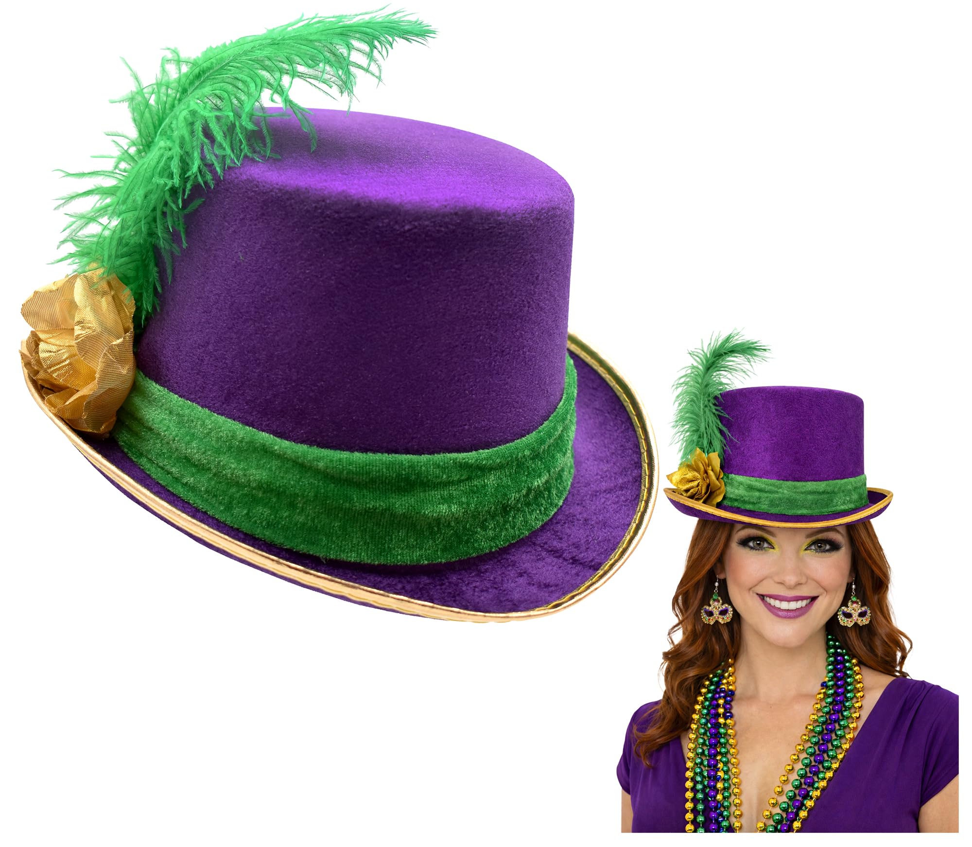 Nicky Bigs Novelties Mardi Gras Hat, Purple Top Hat, Crazy Hats For Adults, Mardi Gras Costume For Men Women With Feathers