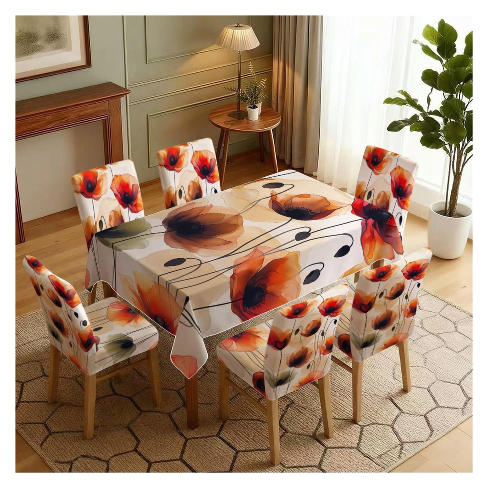 BOSUYBN Vibrant Poppy Floral Dining Tablecloth & Chair Covers Set, 5/7 Piece Artistic Watercolor Flower Home Dining Decor Table Setting(7pcs Set: Tablecloth+Chair Covers)
