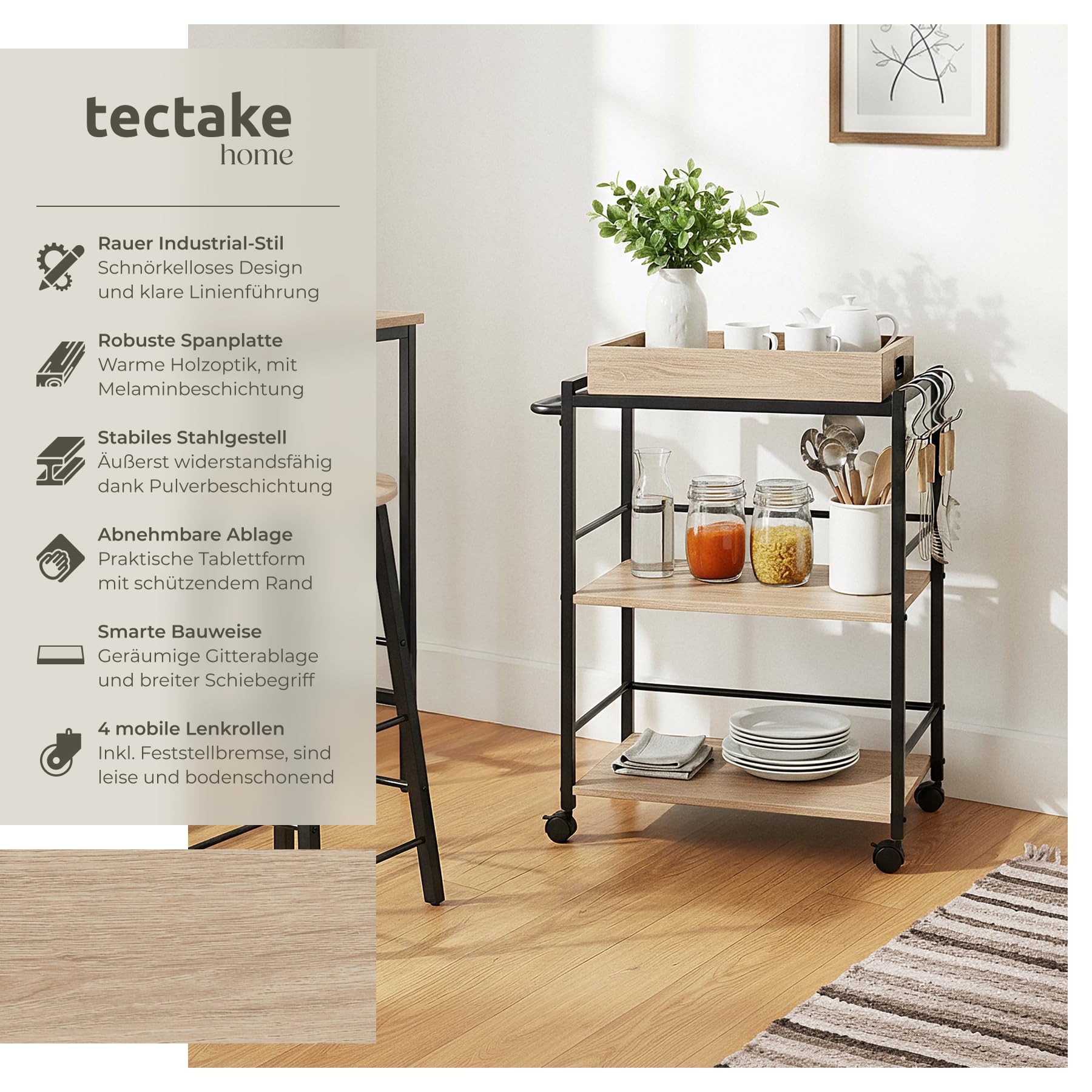 tectake® Servierwagen mit Rollen, abnehmbares Tablett, Kitchen Trolley 65 x 41,5 x 87 cm, Küchenwagen mit Rollen, Rollwagen Küche mit 2 Ablagen, Bastelwagen, Industrial Holz hell, Eiche Sonoma