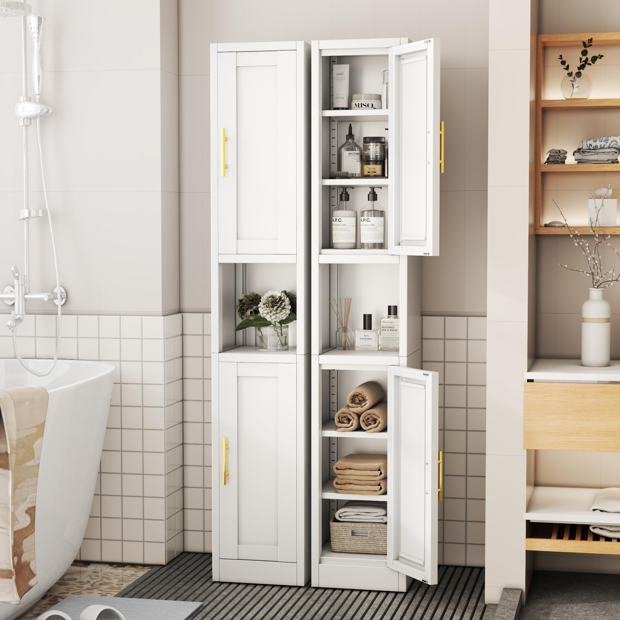 Tall Metal Narrow Bathroom Storage Cabinet 67" H, Tall White Pantry Cabinets with 4 Adjustable Shelves and 2 Doors for Kitchen, Home Office, Living Room, Dining Room(11.8 inches Wide)