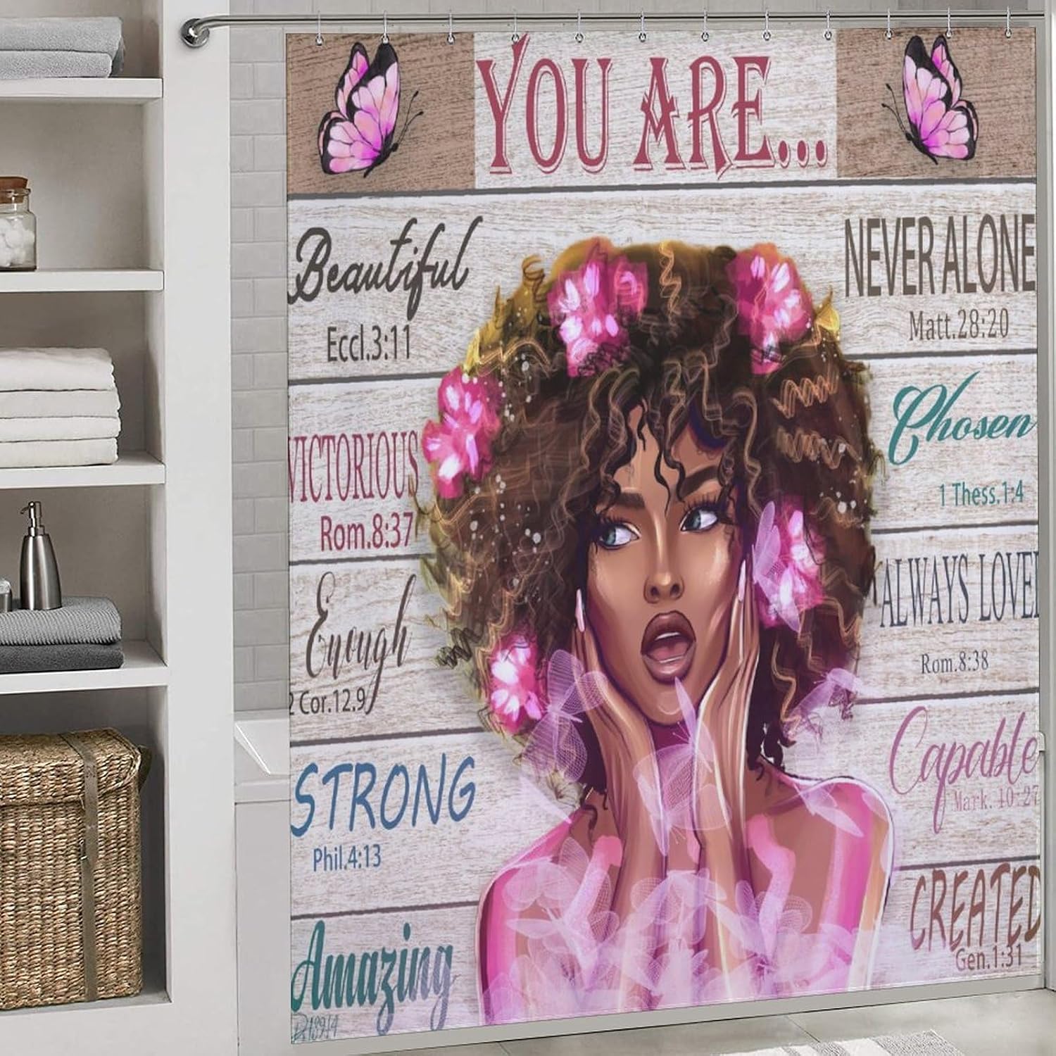 Black Girl Shower Curtains Words of Inspiration Rustic African American Bathroom Curtains for Girls Woman Butterfly Queen Sparkly Pink Wood Plank Polyester Fabric Bath Curtains,72x84 Inch