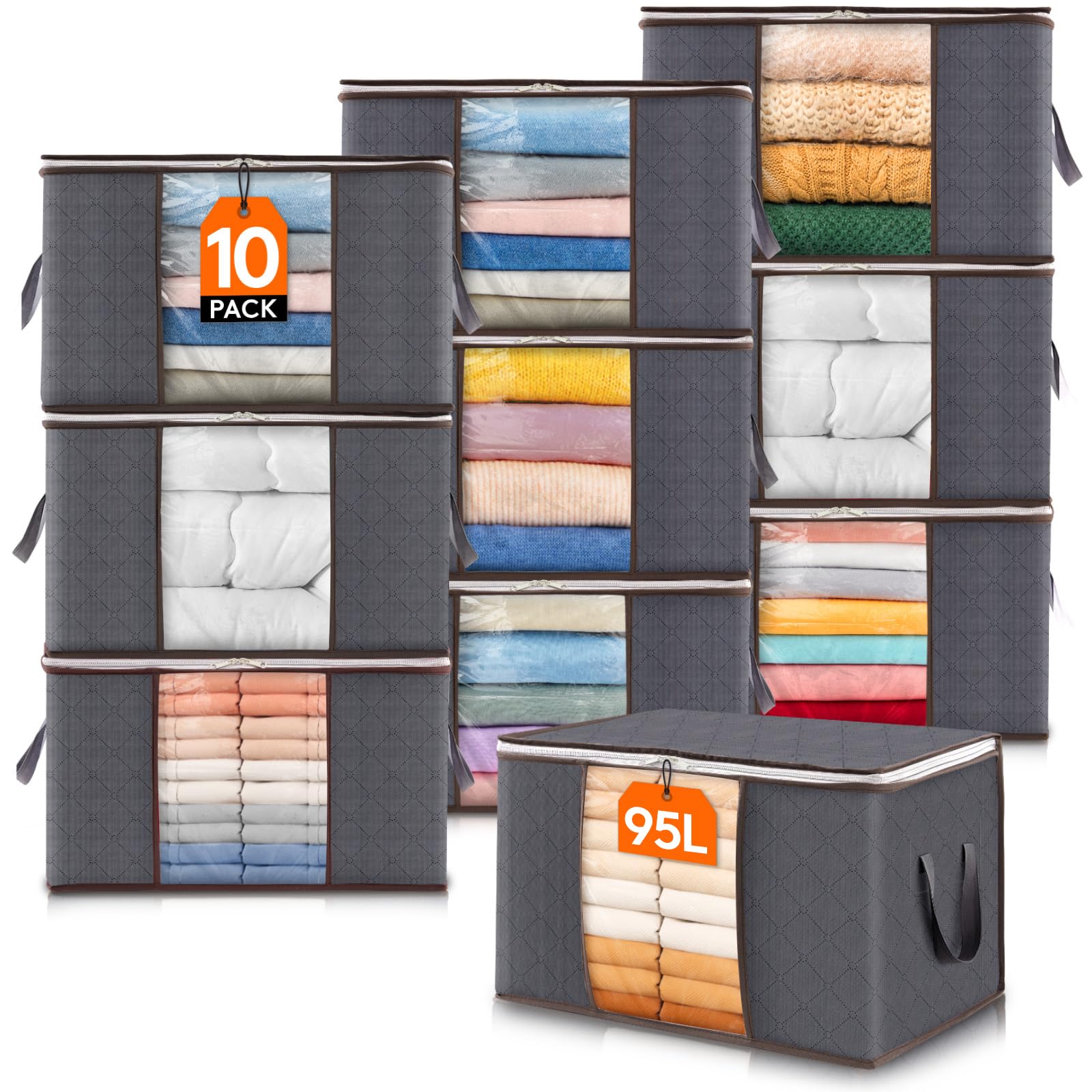 Lifewit 95L Clothes Storage Bags, Foldable Storage Box Moving Bags Wardrobe Storage Organiser Packing Boxes for Moving House with Clear Window for Clothing Bedding Blankets, Grey, 10 Pack